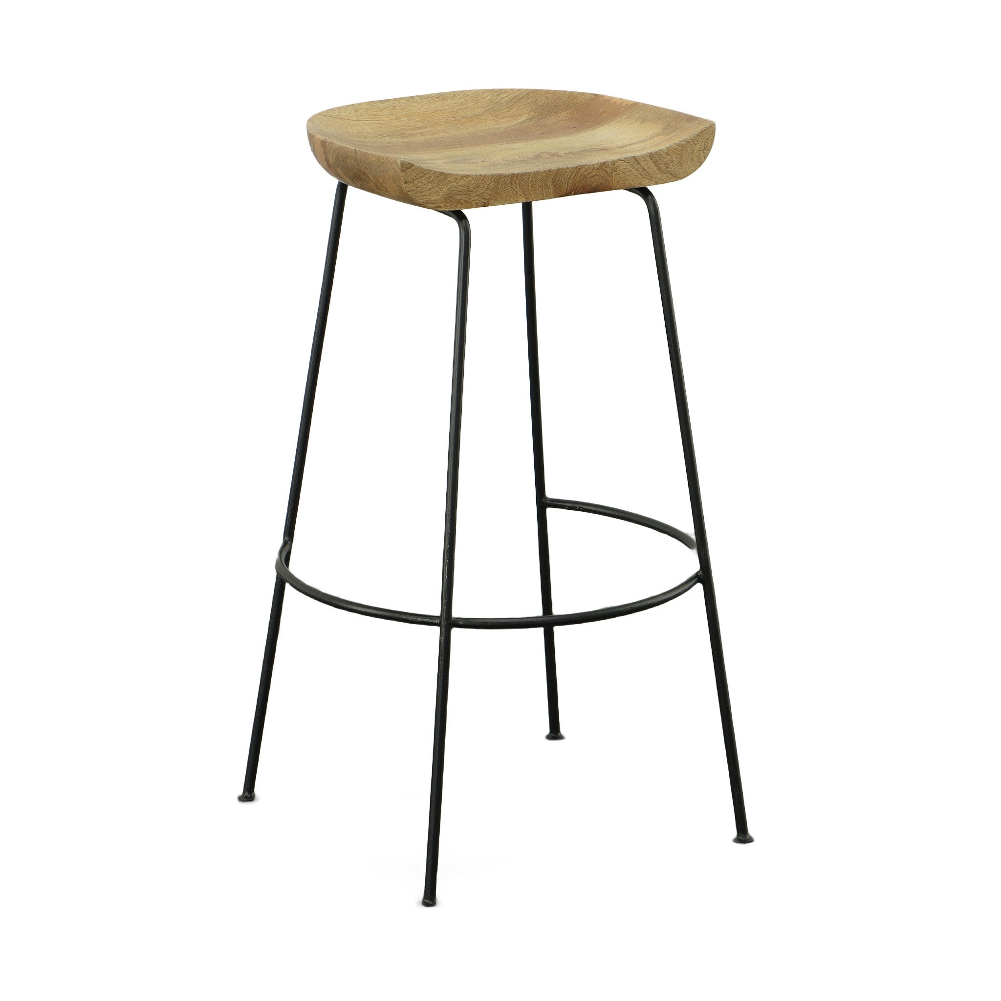 Set of Two 31" Natural and Black Solid Wood and Steel Backless Bar Height Bar Chairs