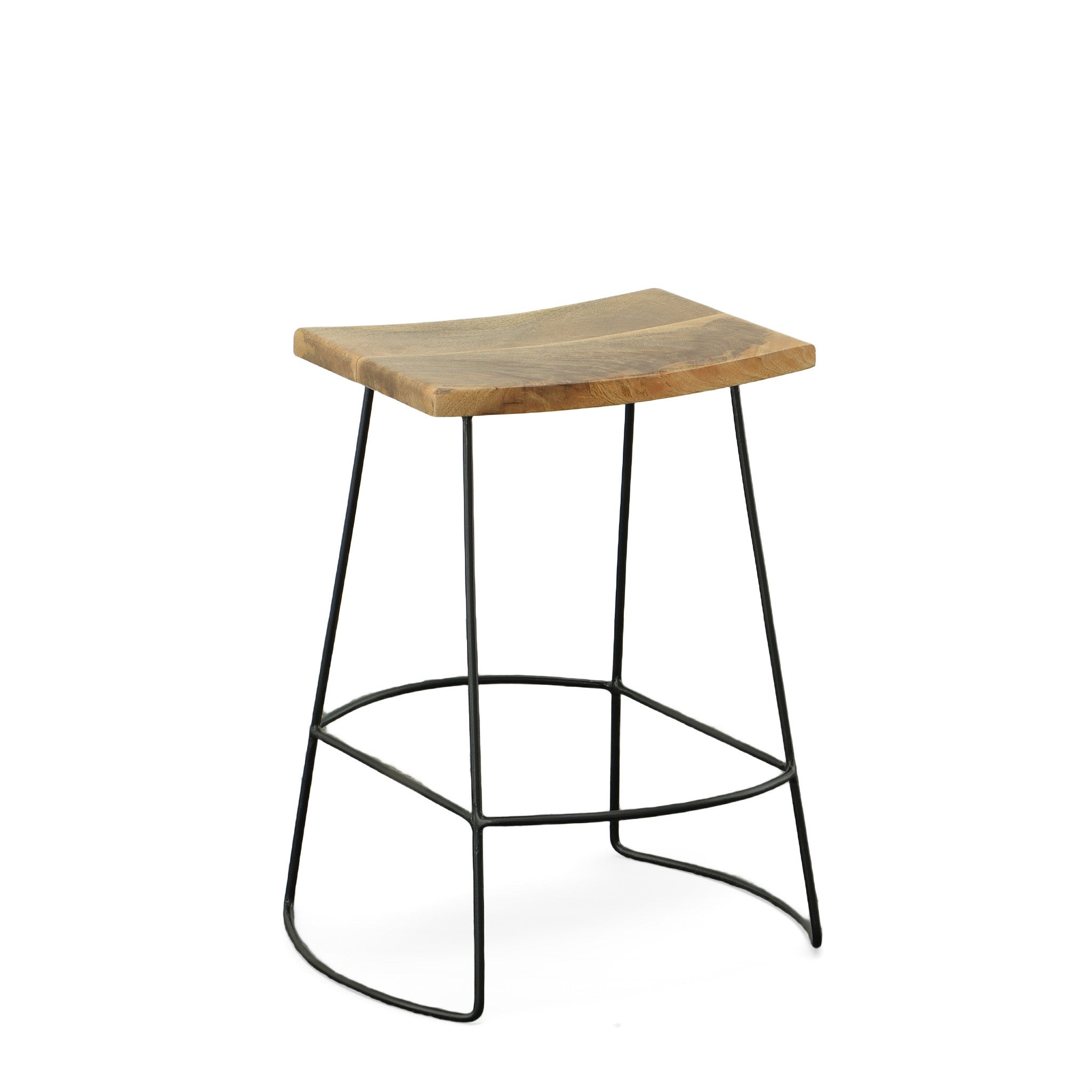 Set of Two 25" Natural And Black Solid Wood And Steel Backless Counter Height Bar Chairs - Living Room