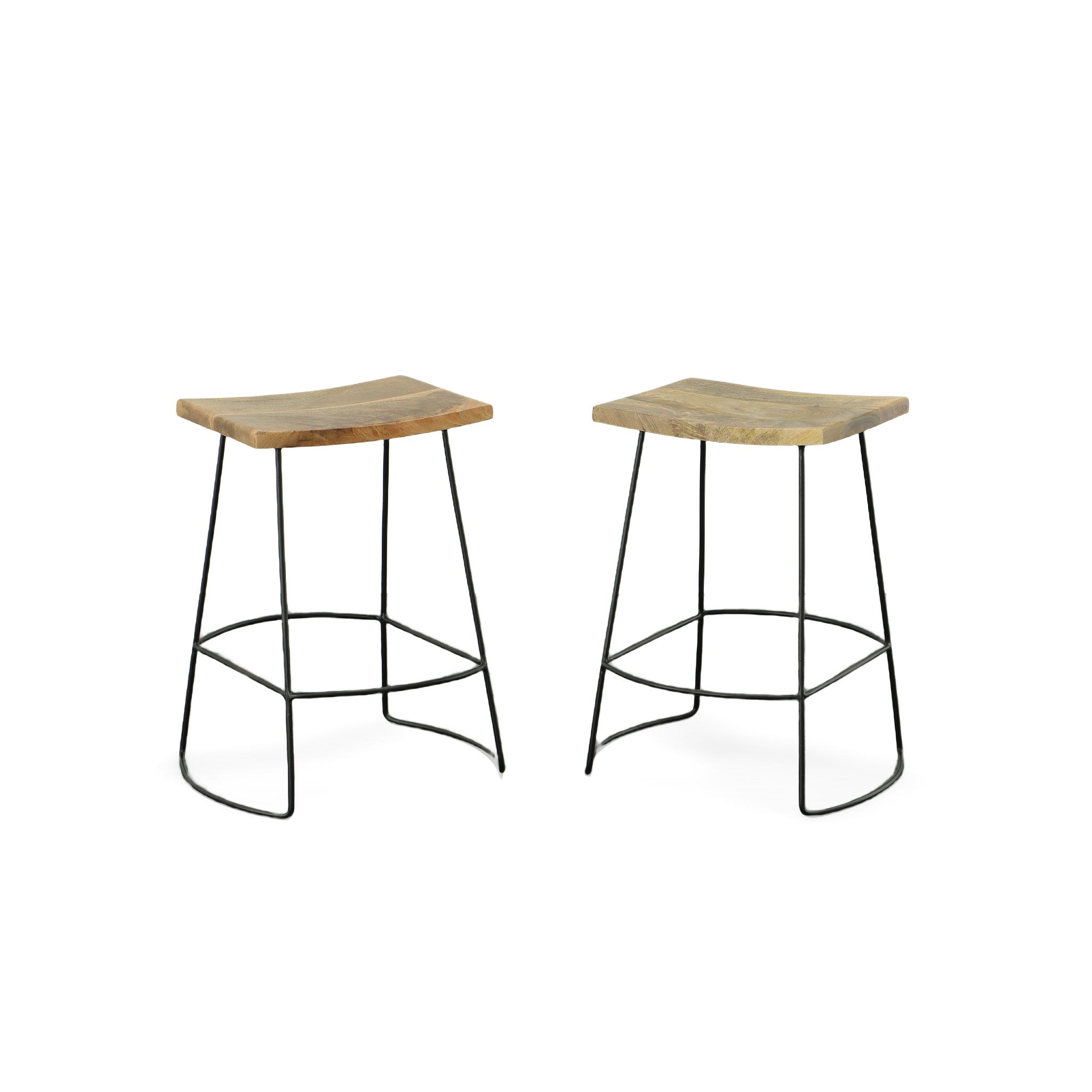 Set of Two 25" Natural And Black Solid Wood And Steel Backless Counter Height Bar Chairs - Living Room