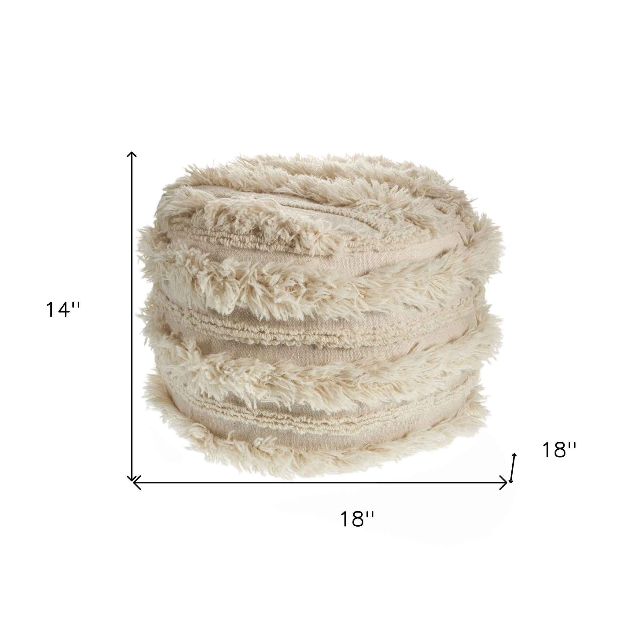 18" Ivory Cotton Round Striped Pouf Ottoman