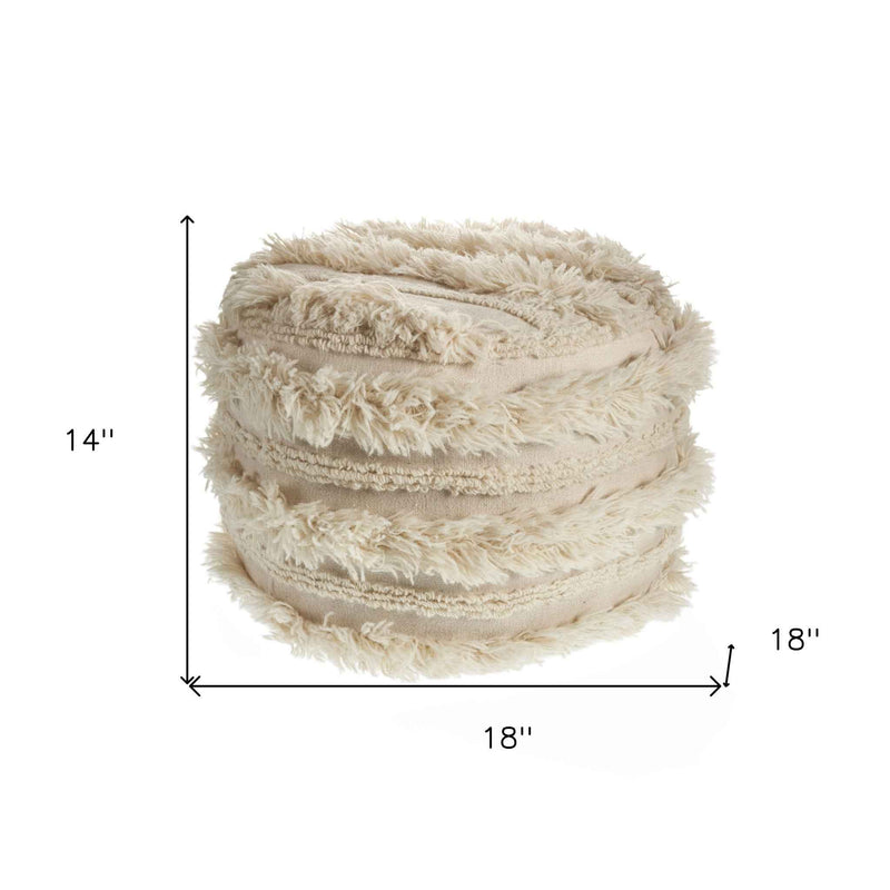 18" Ivory Cotton Round Striped Pouf Ottoman