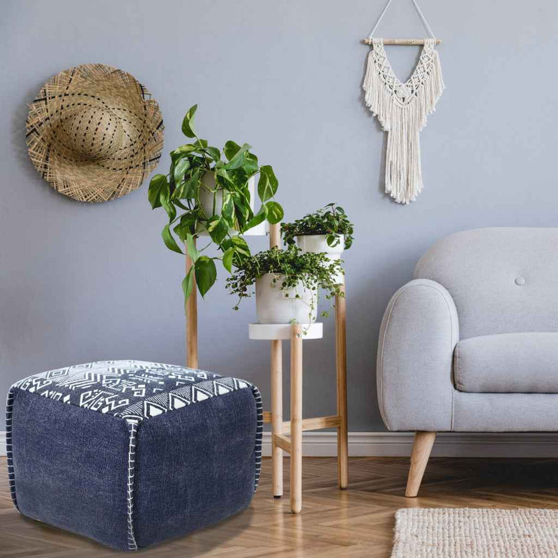 18" Blue Cotton Geometric Pouf Ottoman