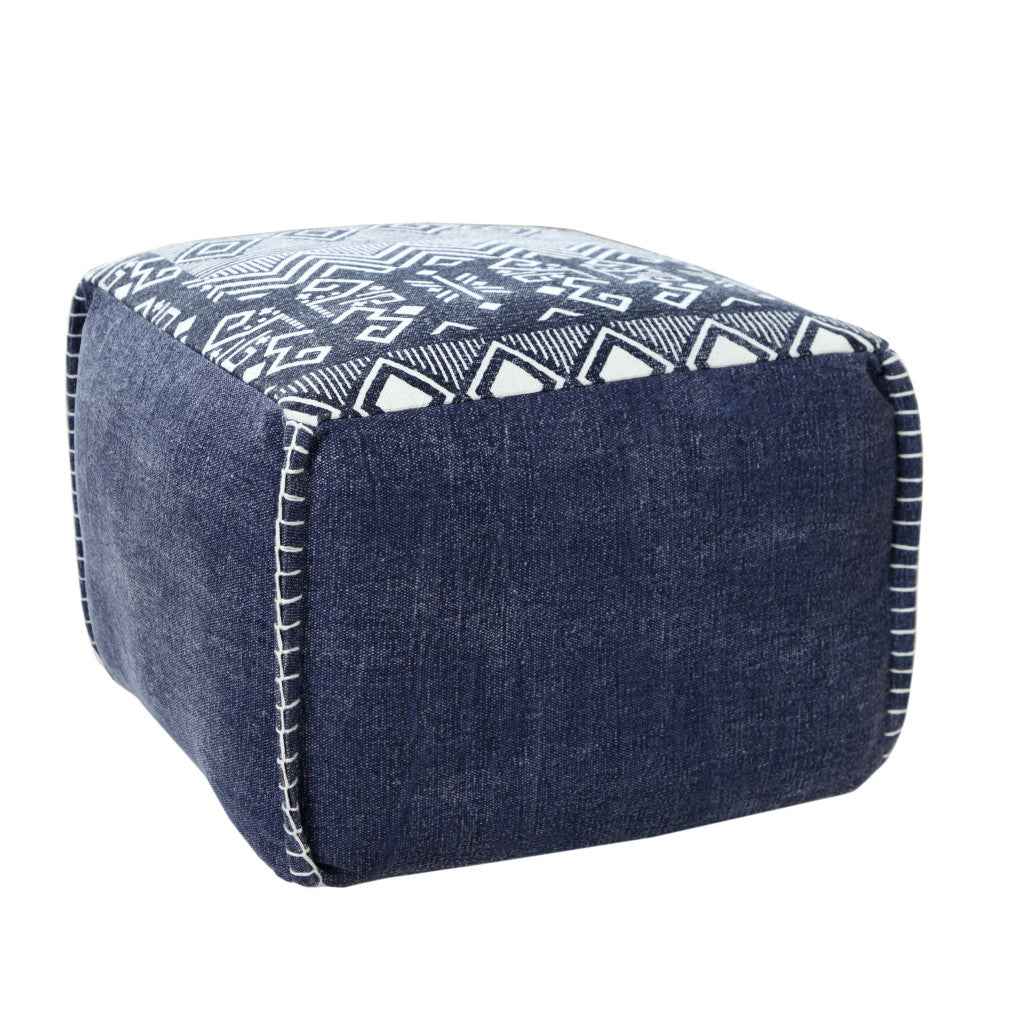 18" Blue Cotton Geometric Pouf Ottoman