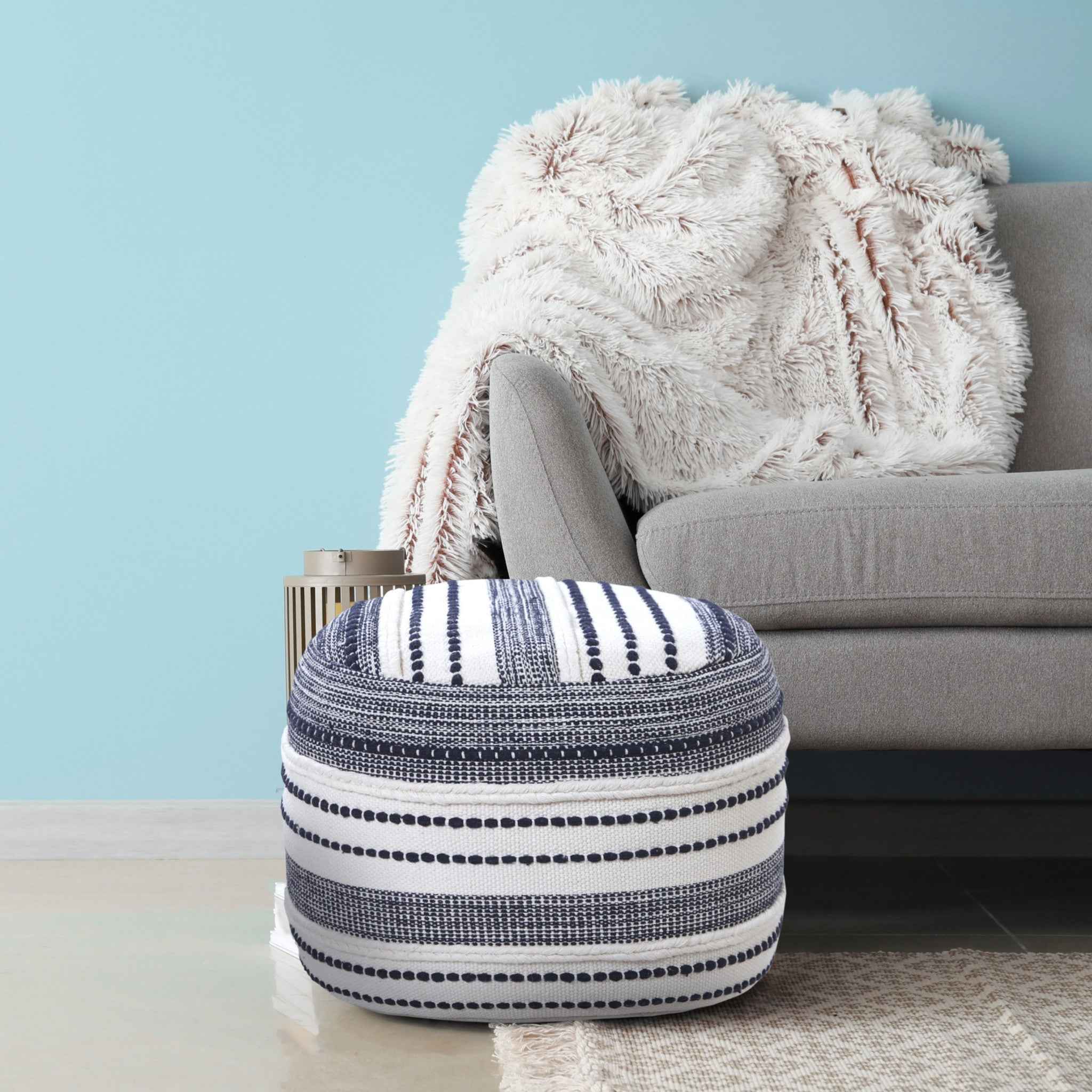 18" Blue Cotton Cylinder Striped Pouf Ottoman