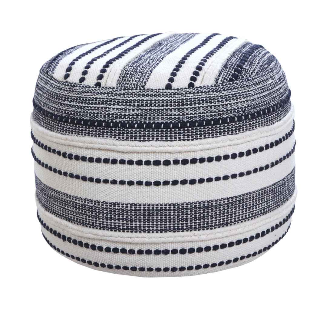 18" Blue Cotton Cylinder Striped Pouf Ottoman