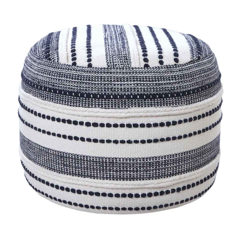 18" Blue Cotton Cylinder Striped Pouf Ottoman