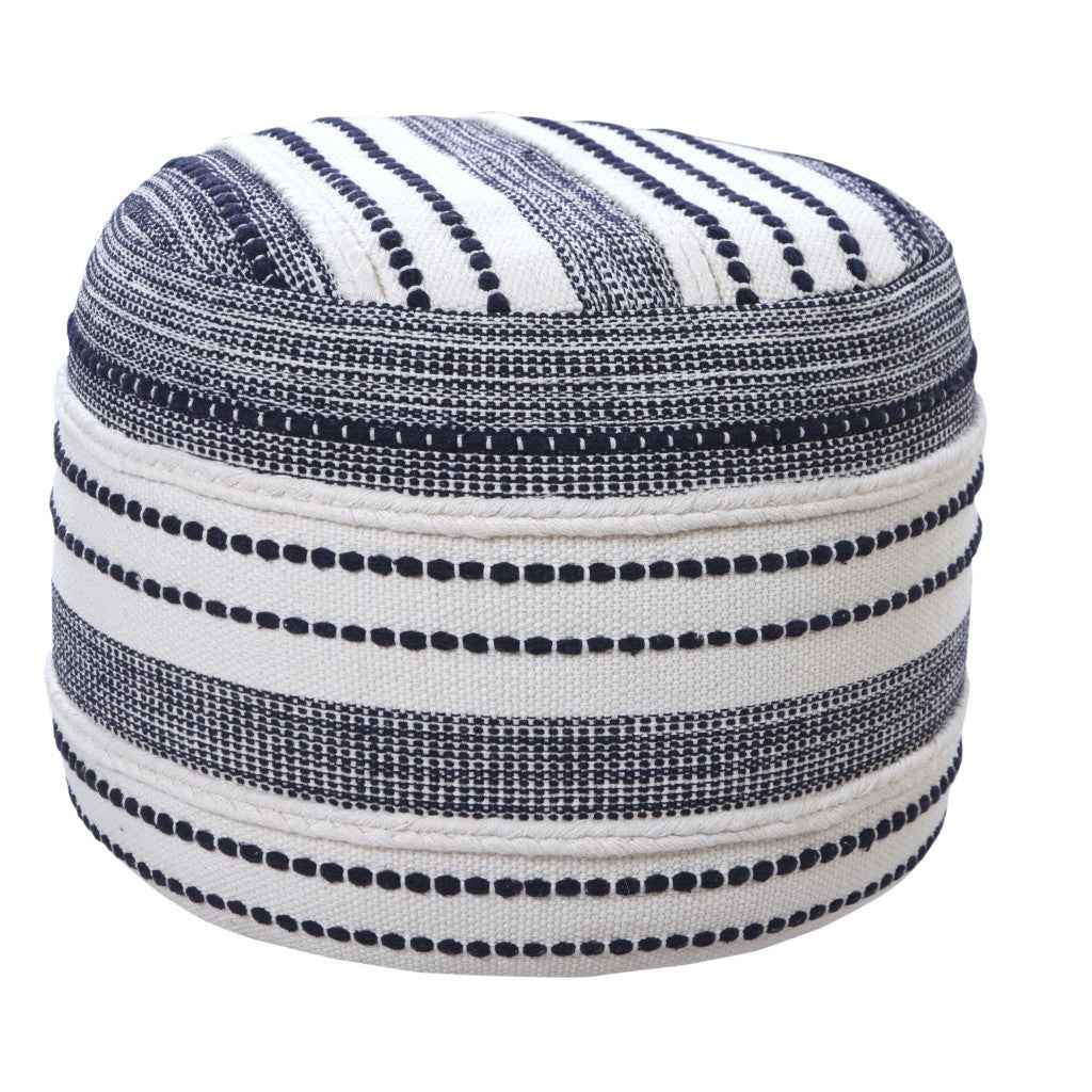 18" Blue Cotton Cylinder Striped Pouf Ottoman