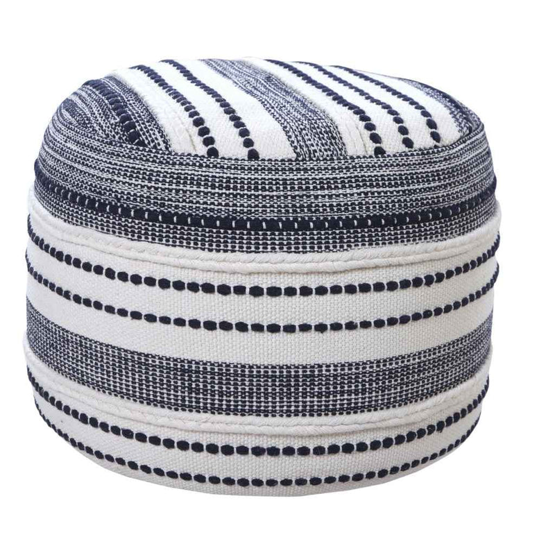 18" Blue Cotton Cylinder Striped Pouf Ottoman