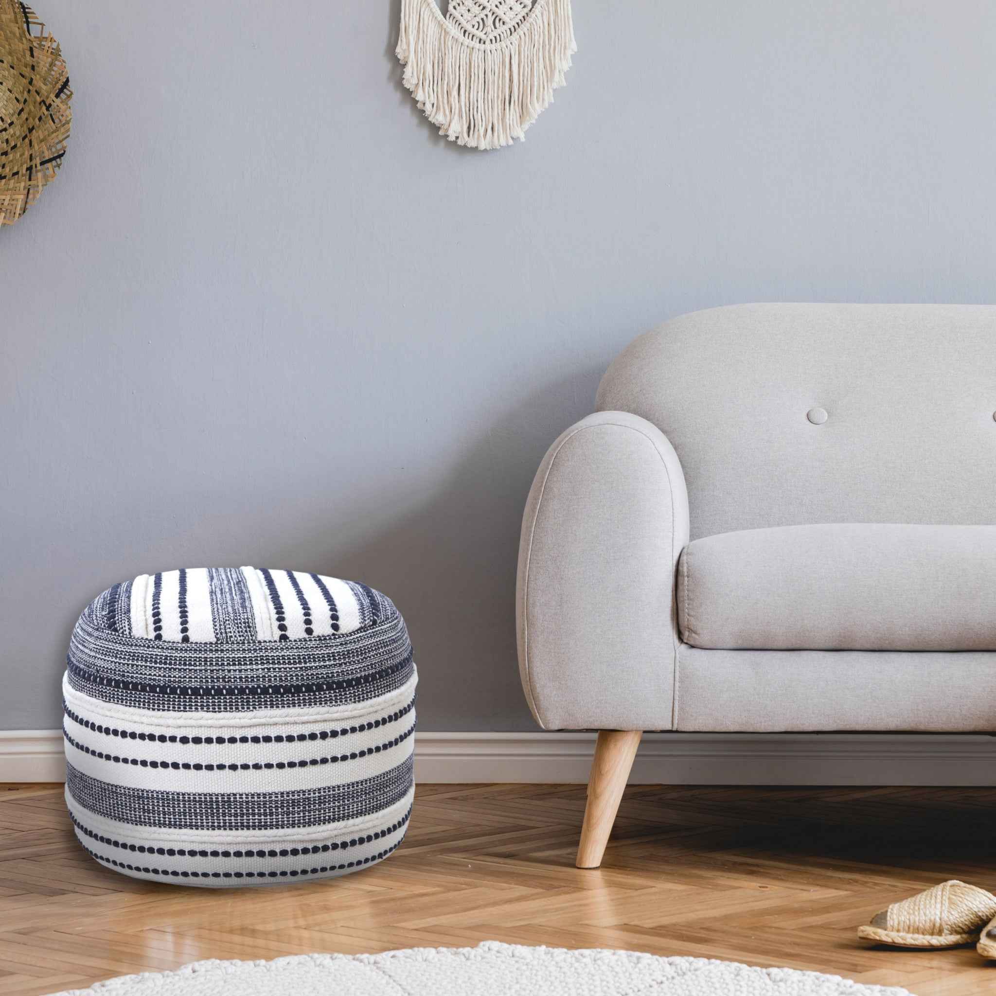 18" Blue Cotton Cylinder Striped Pouf Ottoman