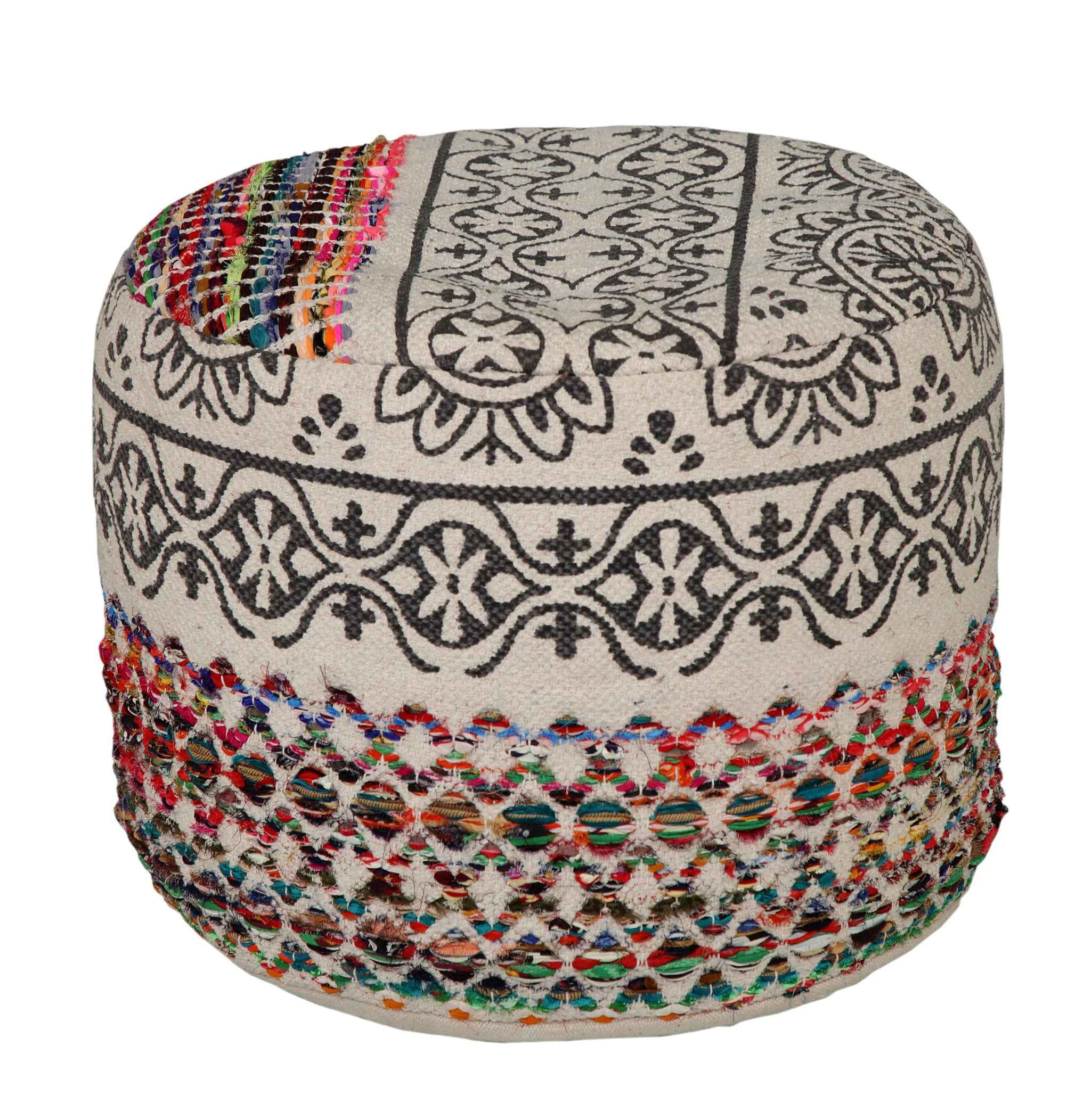 18" Rainbow And Gray Cylinder Geometric Pouf Ottoman