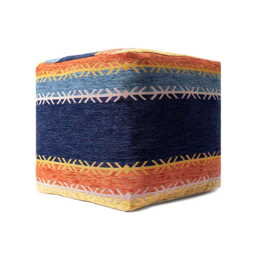 18" Blue And Orange Polyester Blend Striped Pouf Ottoman