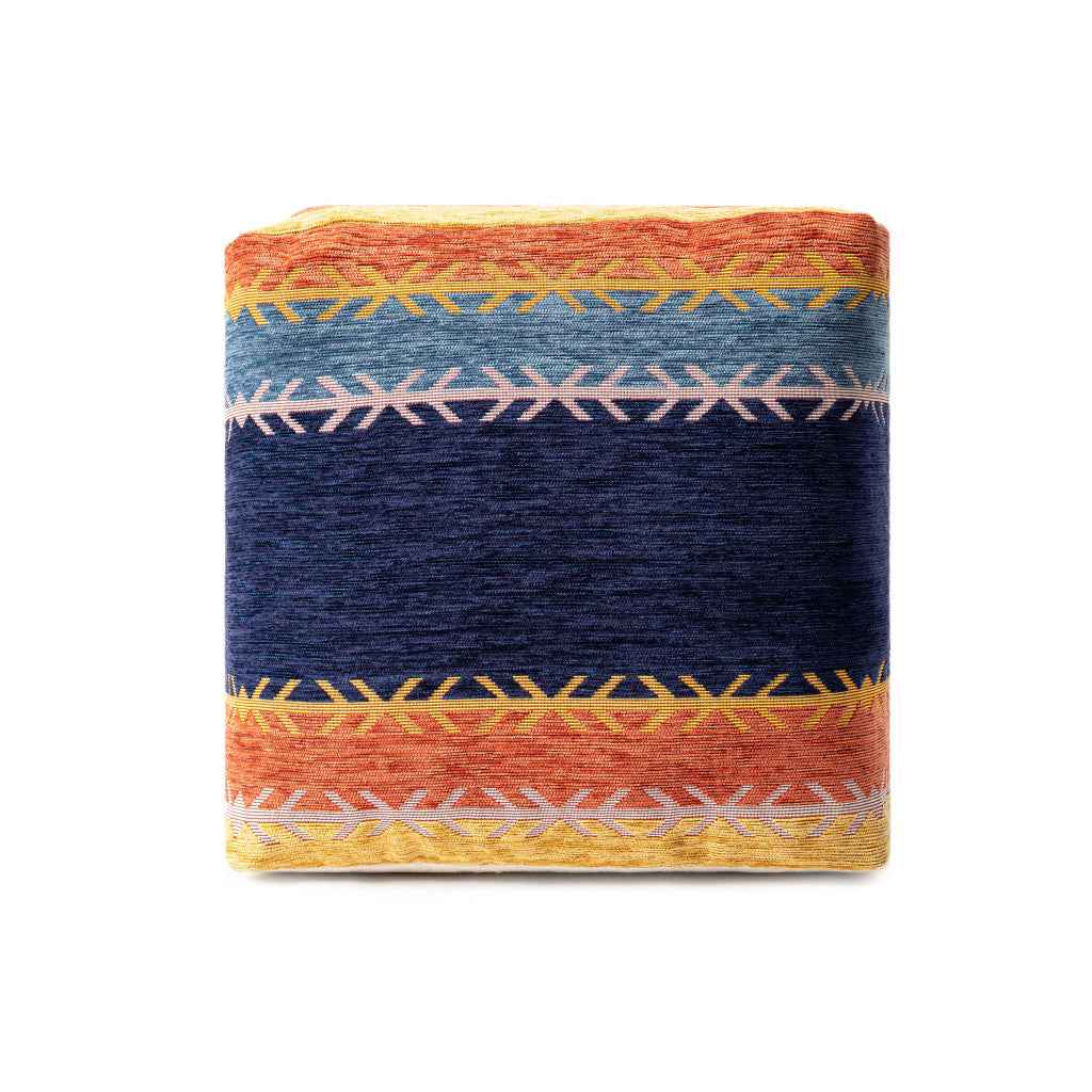 18" Blue And Orange Polyester Blend Striped Pouf Ottoman