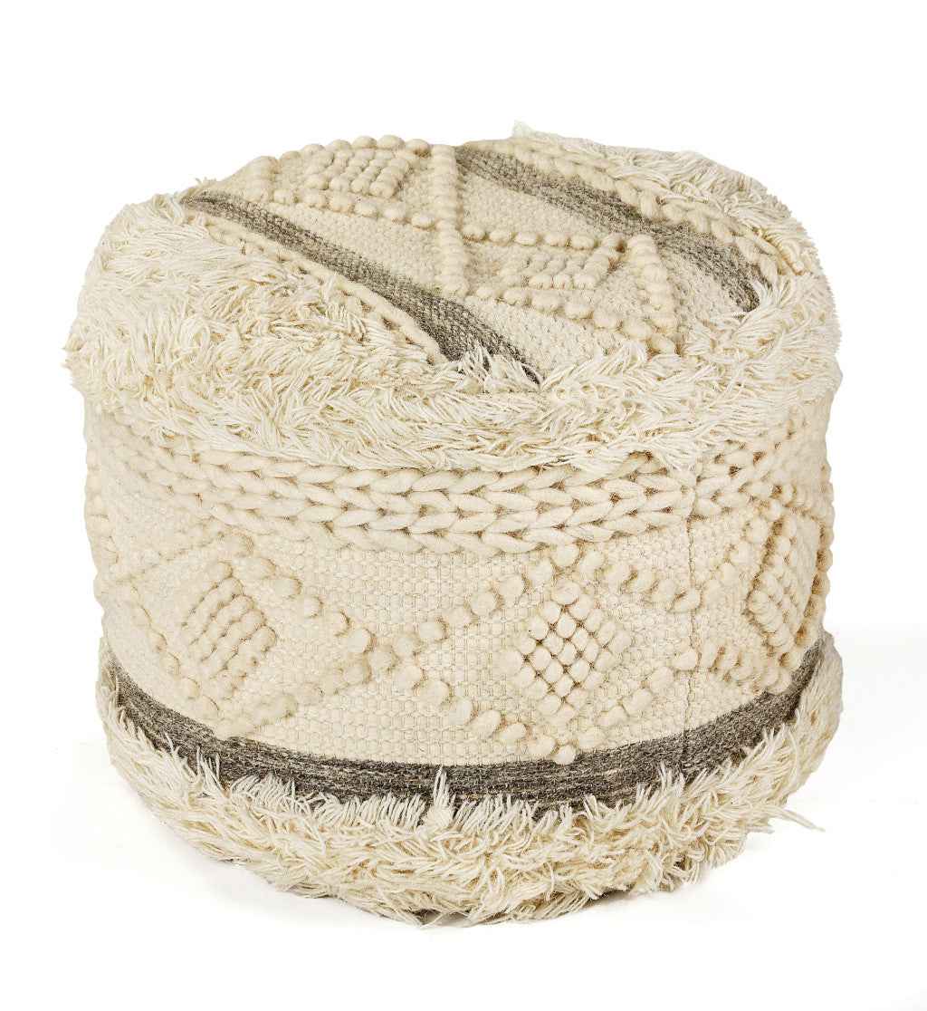 18" Cream Wool Cotton Blend Round Geometric Pouf Ottoman
