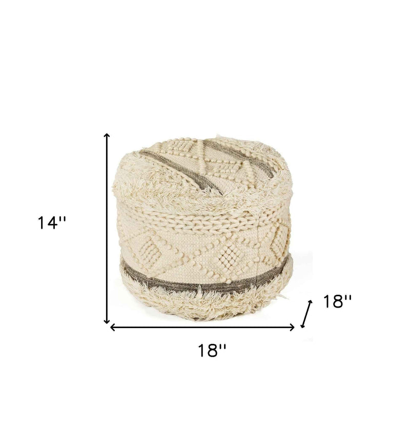 18" Cream Wool Cotton Blend Round Geometric Pouf Ottoman