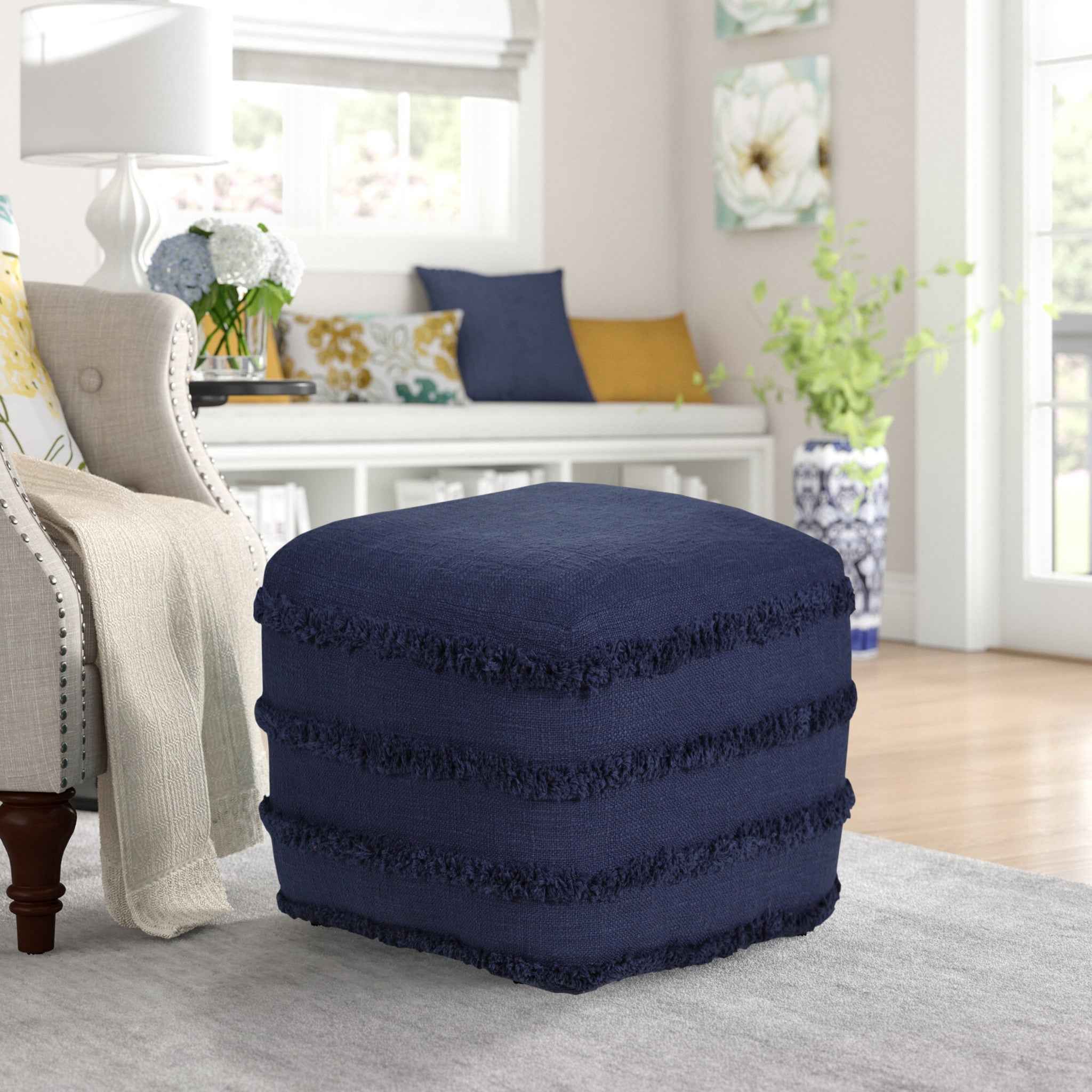 18" Blue Cotton Striped Pouf Ottoman