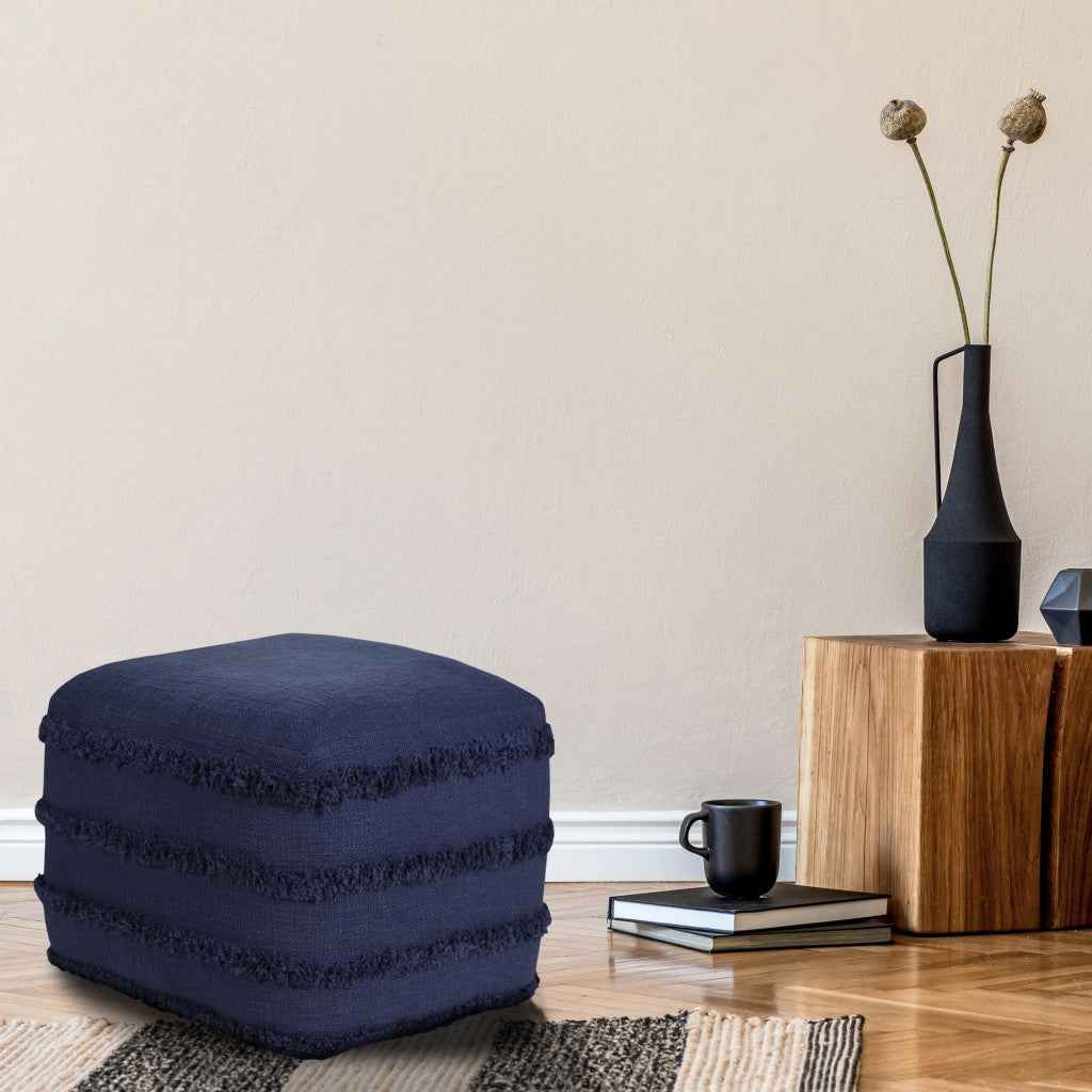 18" Blue Cotton Striped Pouf Ottoman