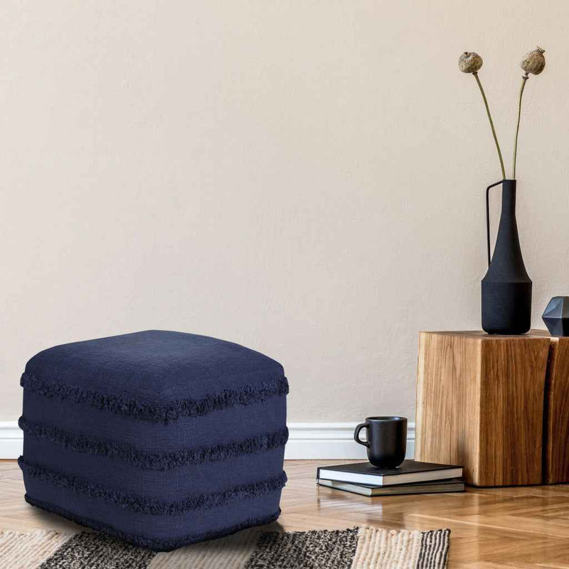18" Blue Cotton Striped Pouf Ottoman