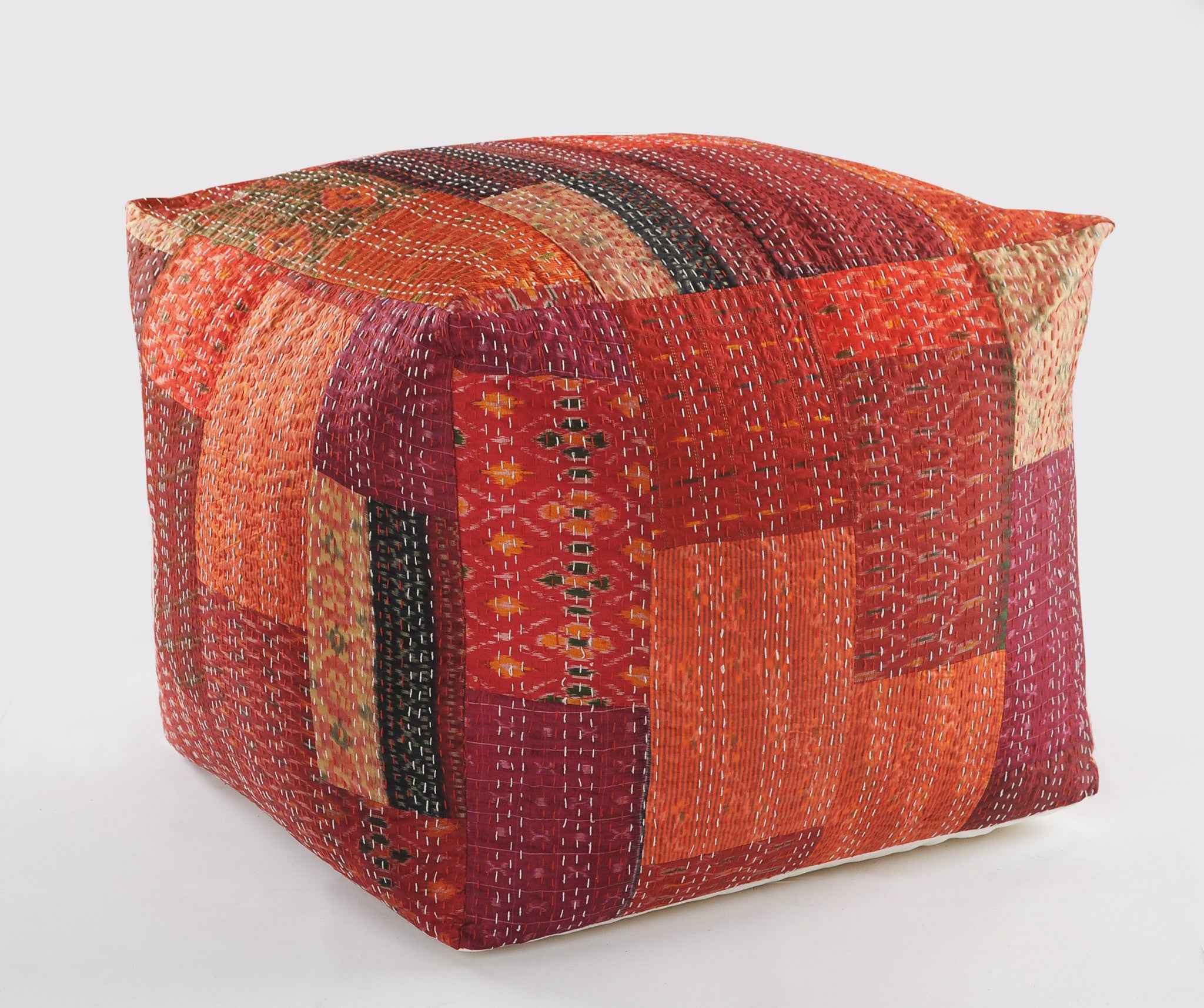 24" Red Patchwork Pouf Ottoman