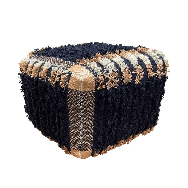 18" Blue Cotton Geometric Pouf Ottoman