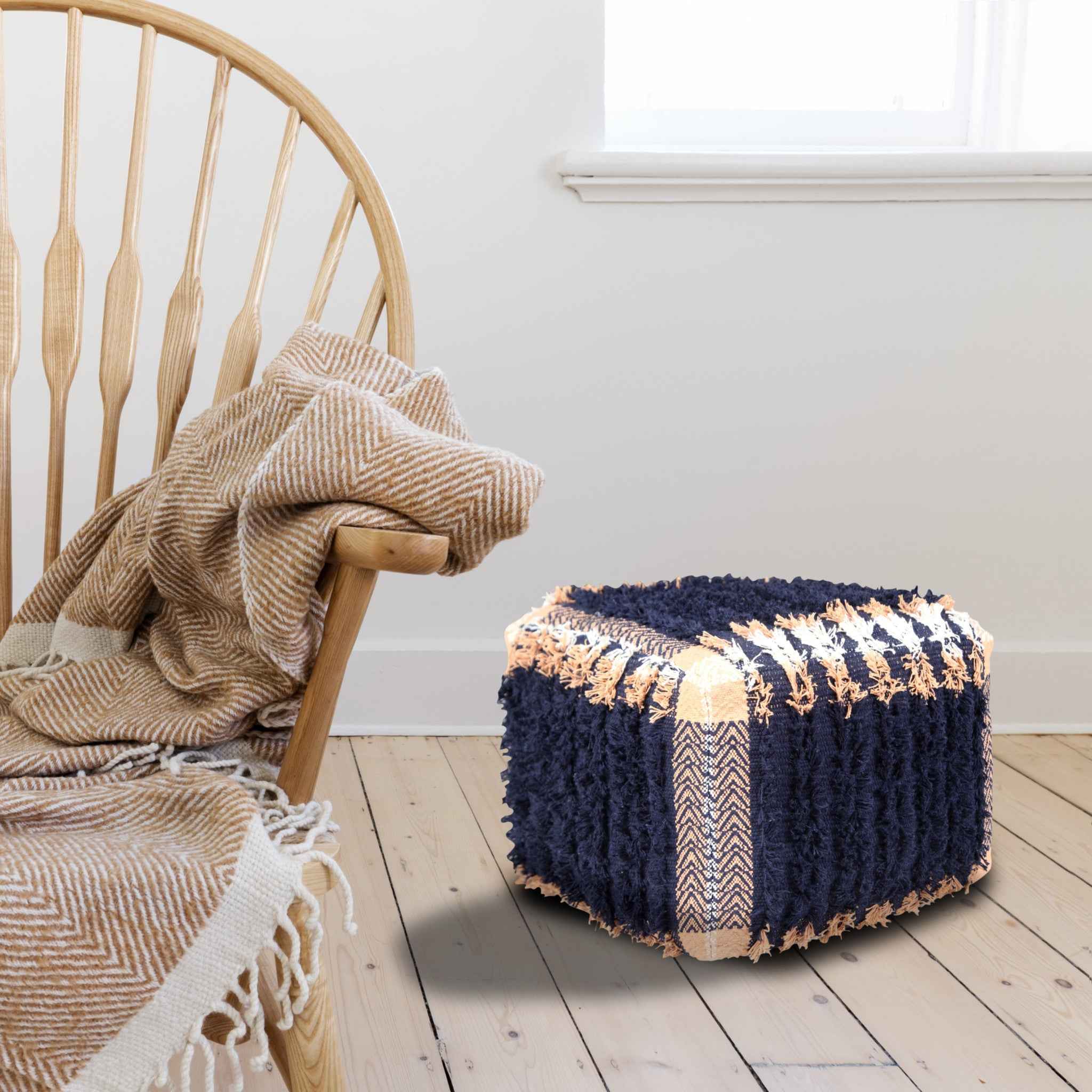 18" Blue Cotton Geometric Pouf Ottoman