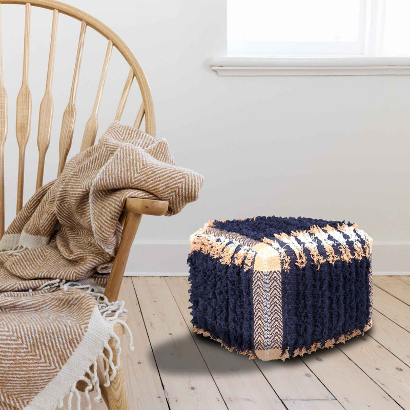 18" Blue Cotton Geometric Pouf Ottoman
