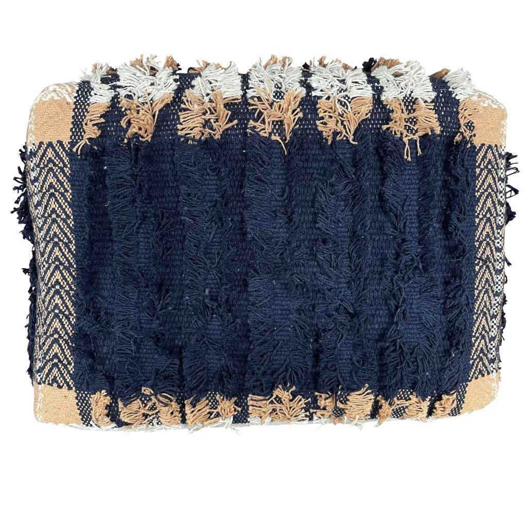 18" Blue Cotton Geometric Pouf Ottoman