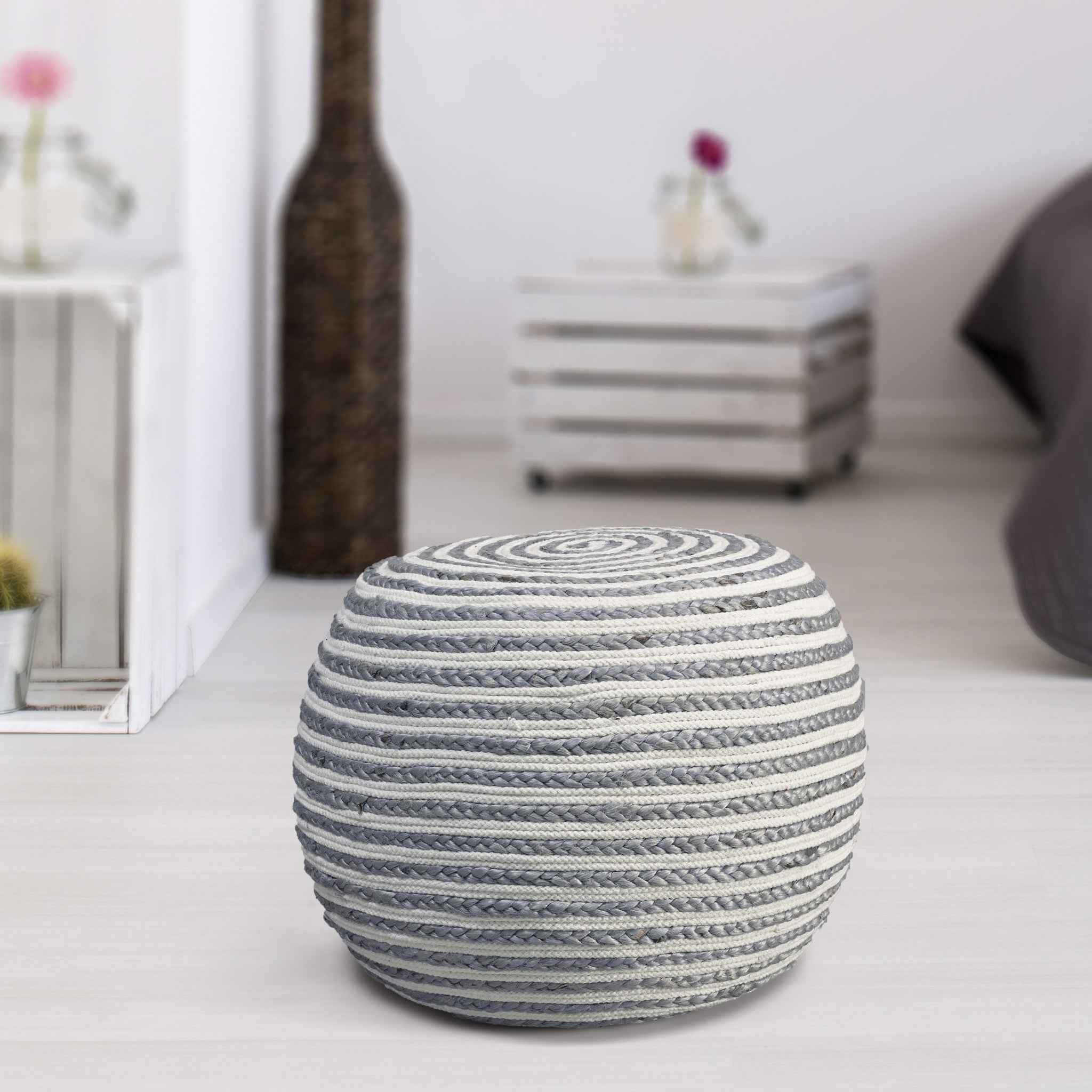 20" Gray Cotton Blend Round Striped Pouf Ottoman