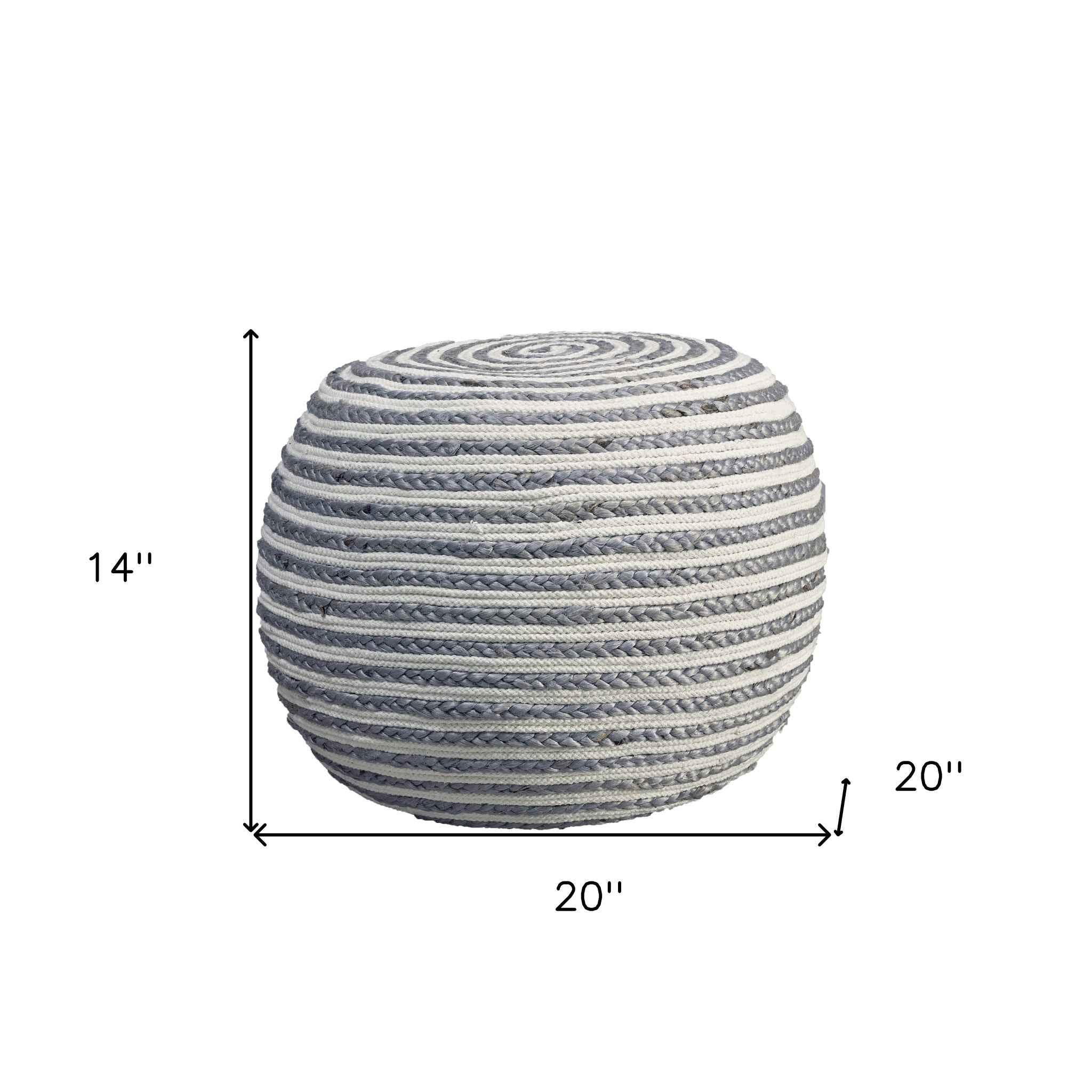 20" Gray Cotton Blend Round Striped Pouf Ottoman