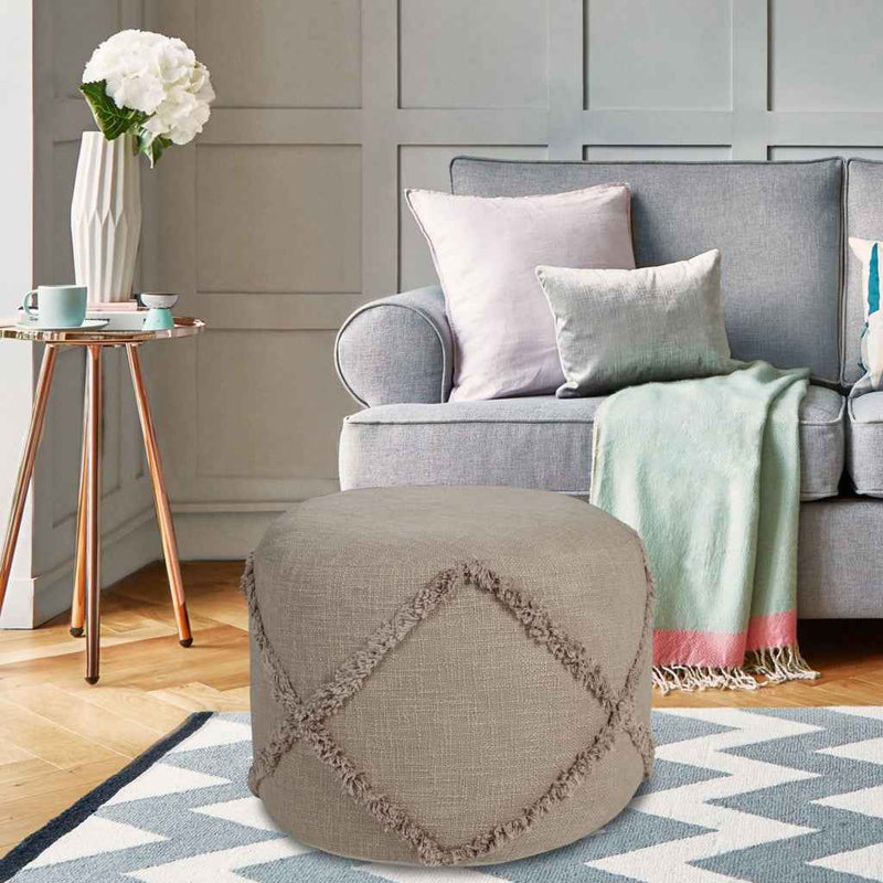 18" Brown Cotton Cylinder Geometric Pouf Ottoman
