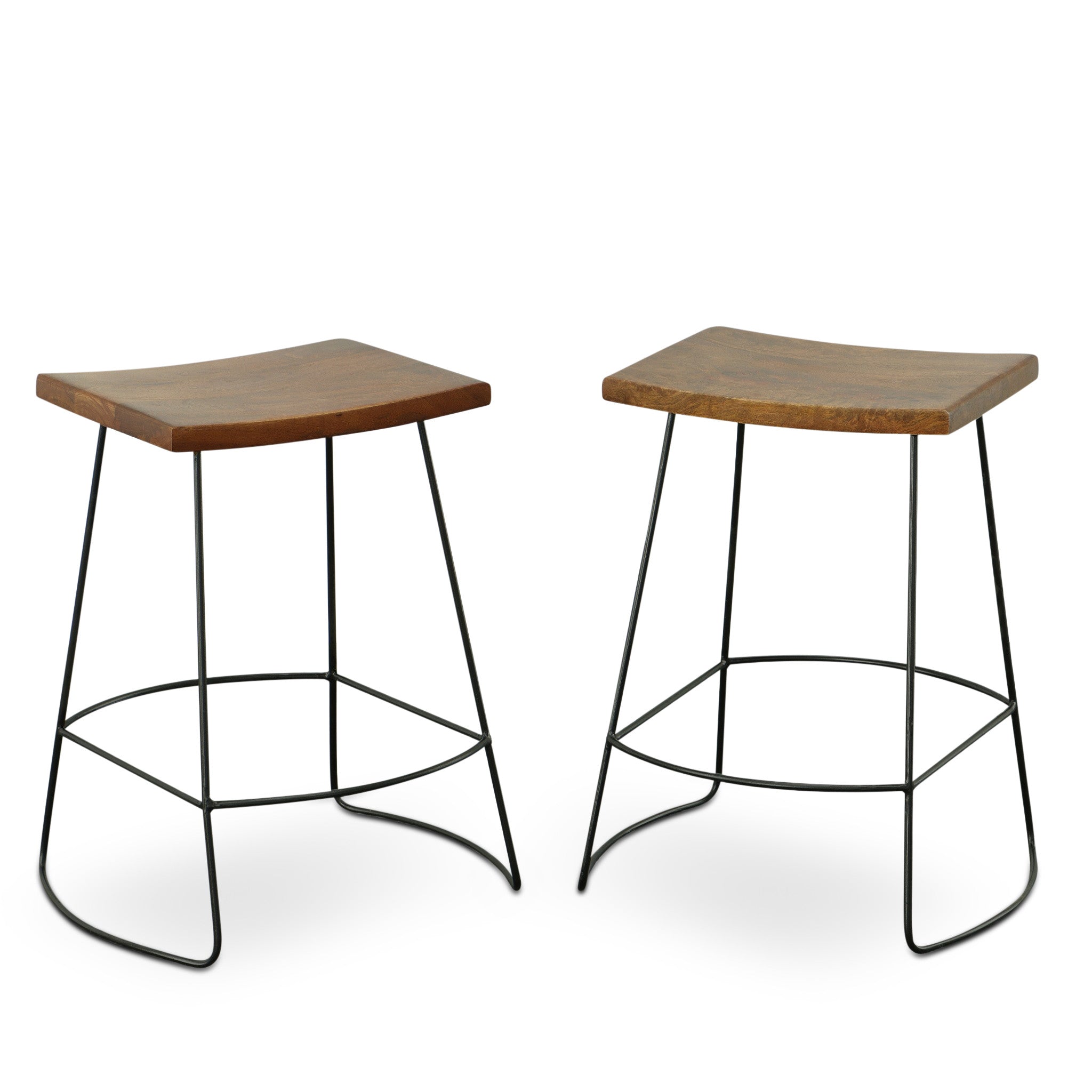 Set of Two 25" Chestnut And Black Solid Wood And Steel Backless Counter Height Bar Chairs - Living Room