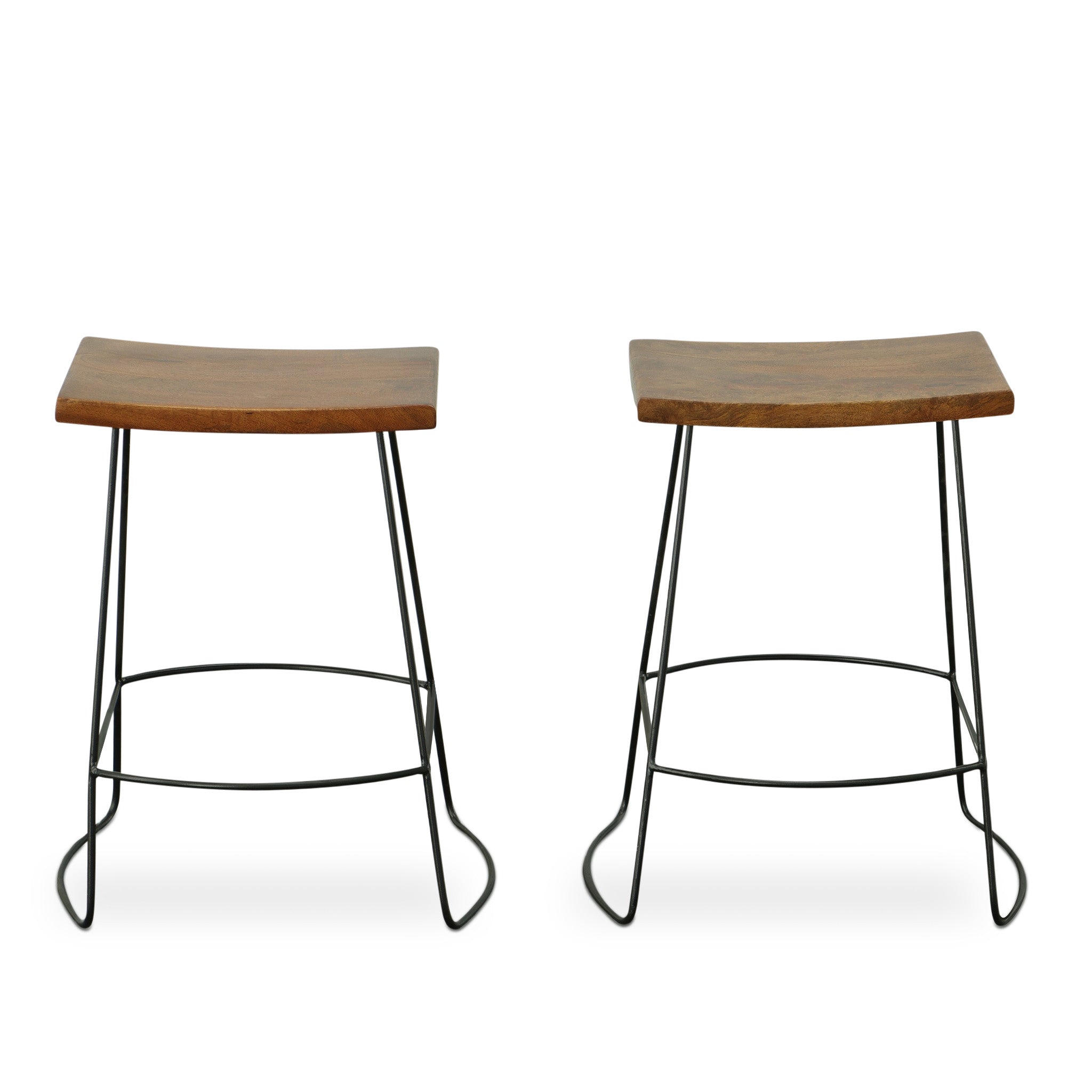 Set of Two 25" Chestnut And Black Solid Wood And Steel Backless Counter Height Bar Chairs - Living Room