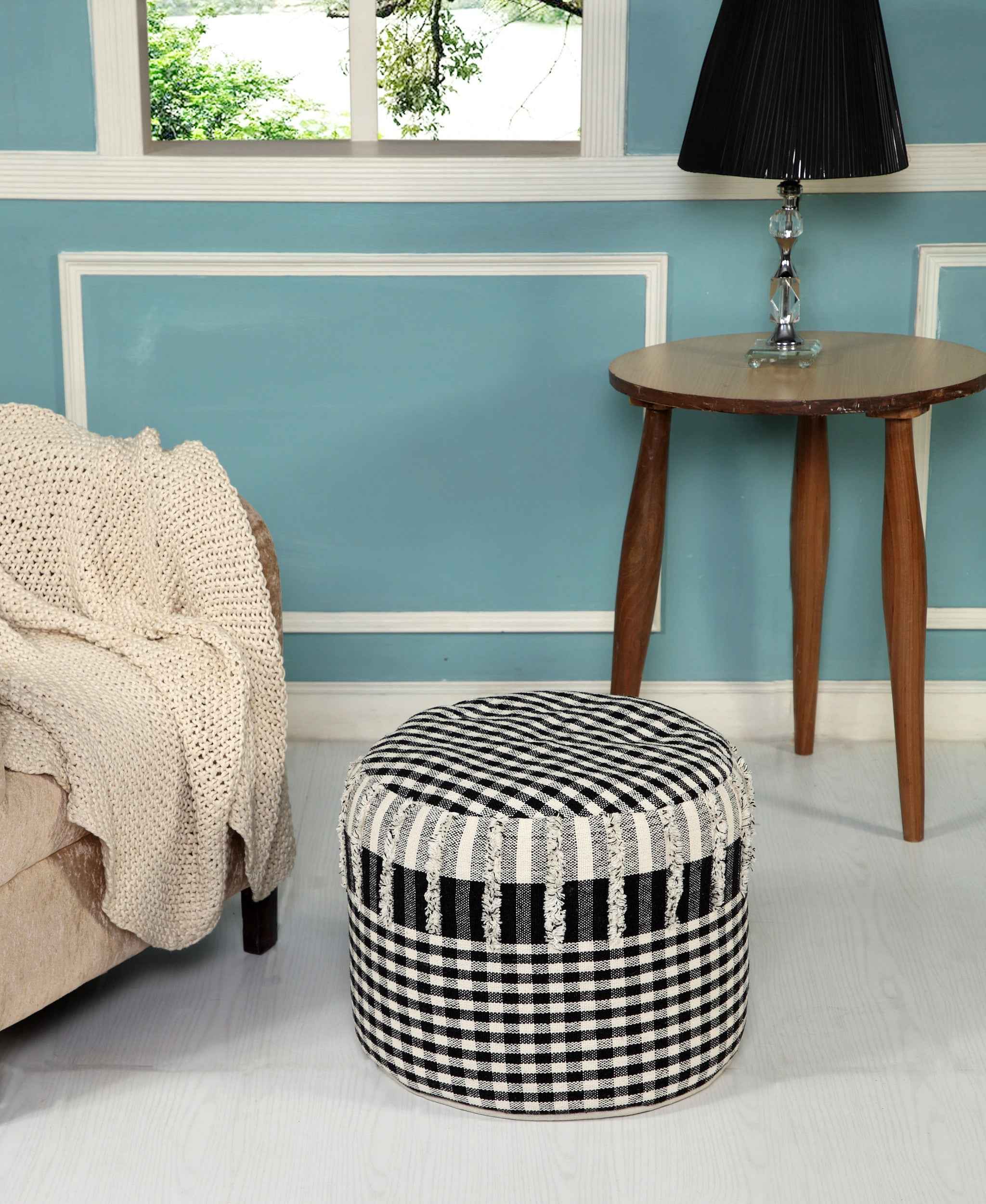 18" Black Cotton Cylinder Plaid Pouf Ottoman