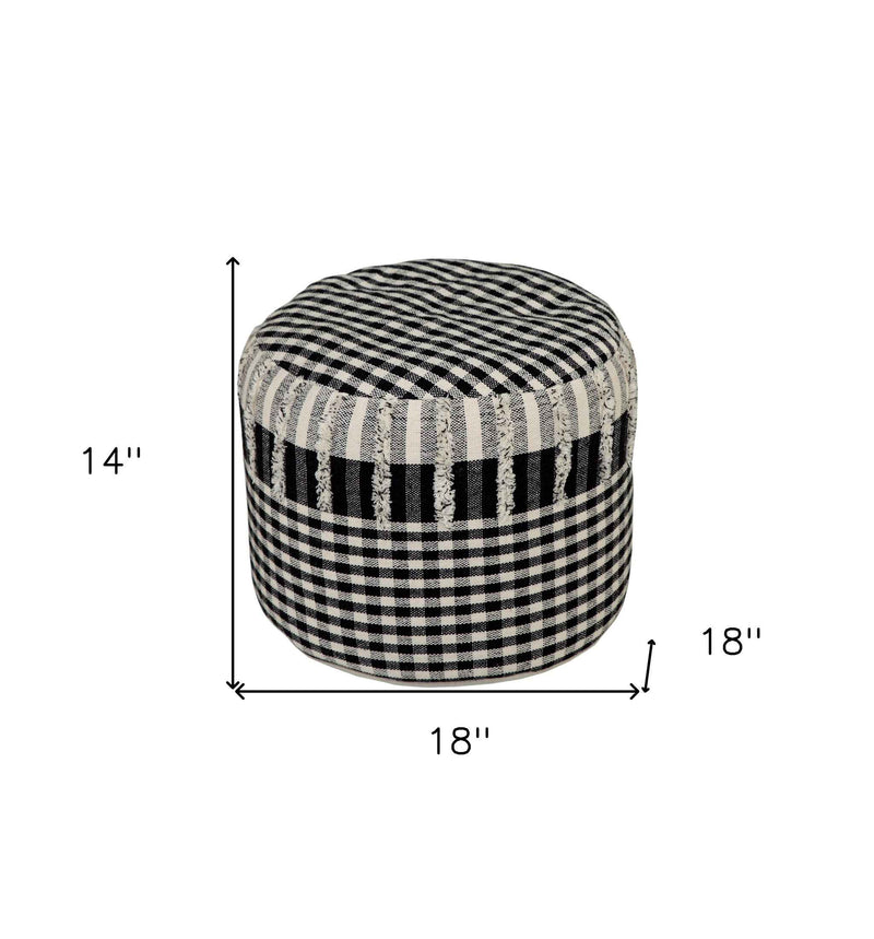 18" Black Cotton Cylinder Plaid Pouf Ottoman
