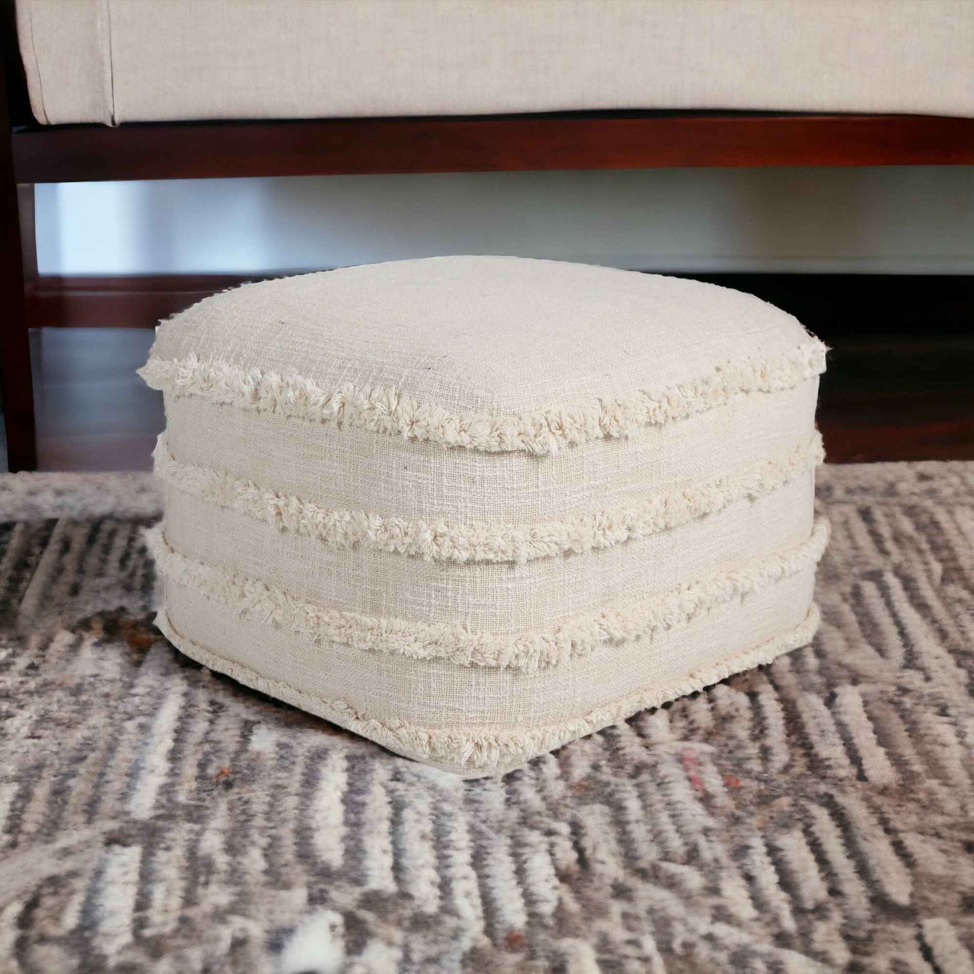 18" Cream Cotton Tufted Cube Striped Pouf Ottoman