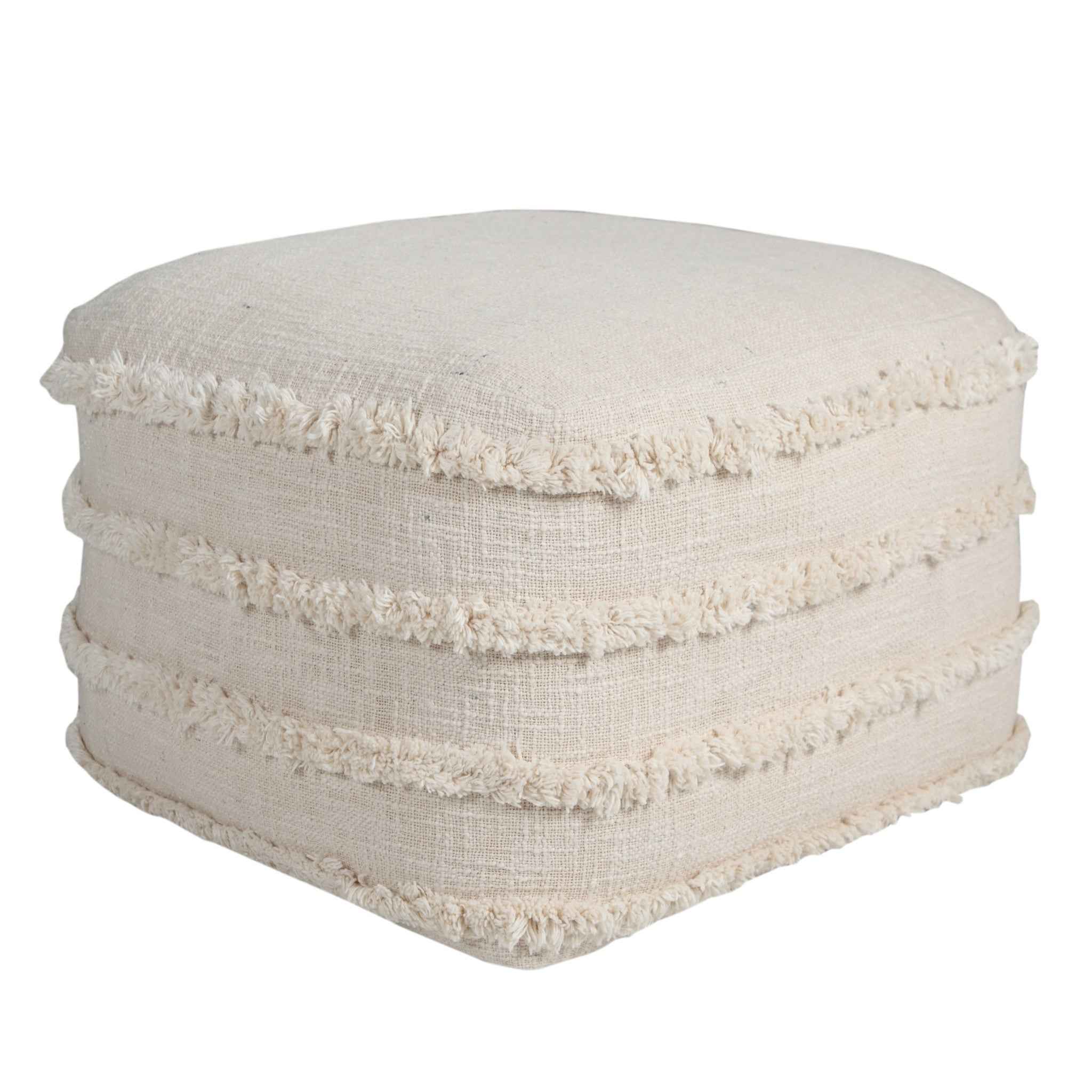 18" Cream Cotton Tufted Cube Striped Pouf Ottoman