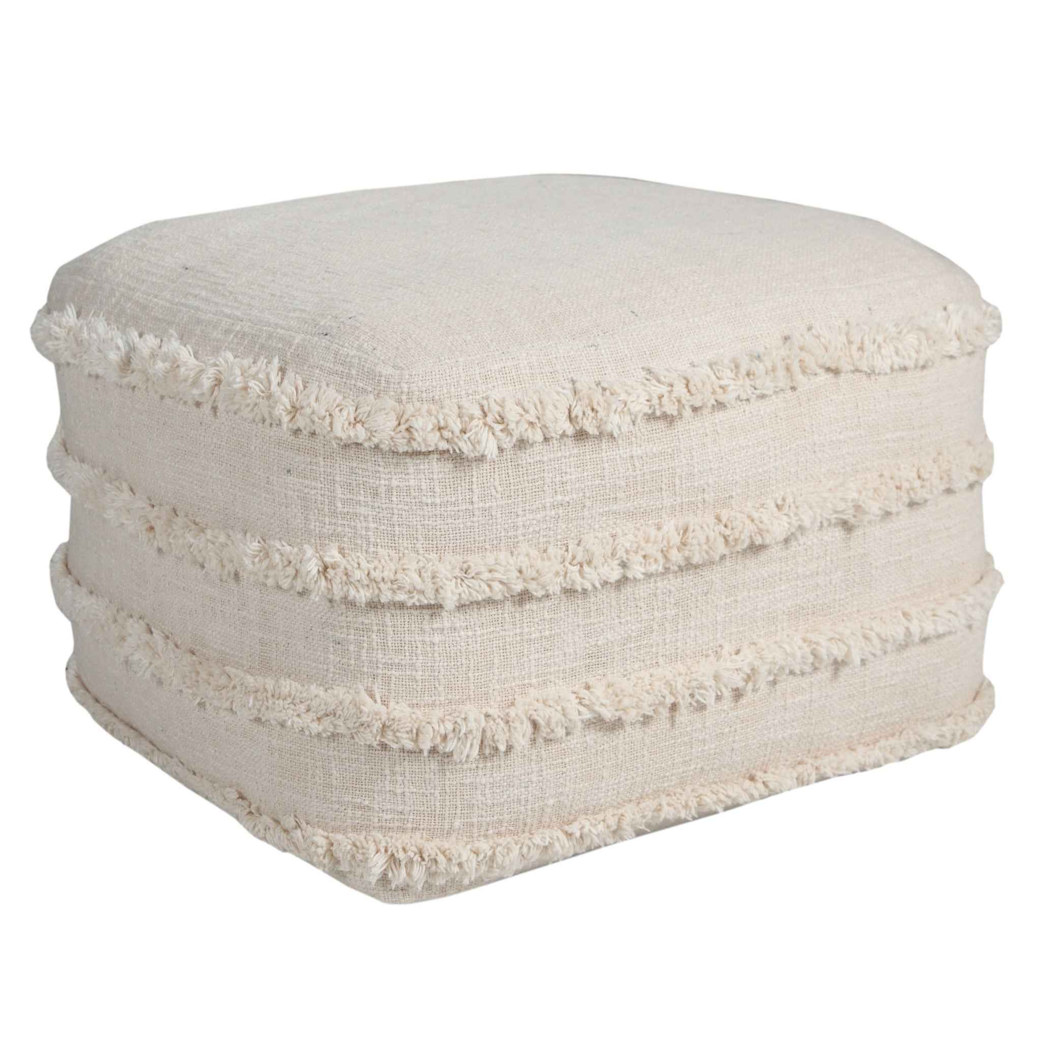 18" Cream Cotton Tufted Cube Striped Pouf Ottoman
