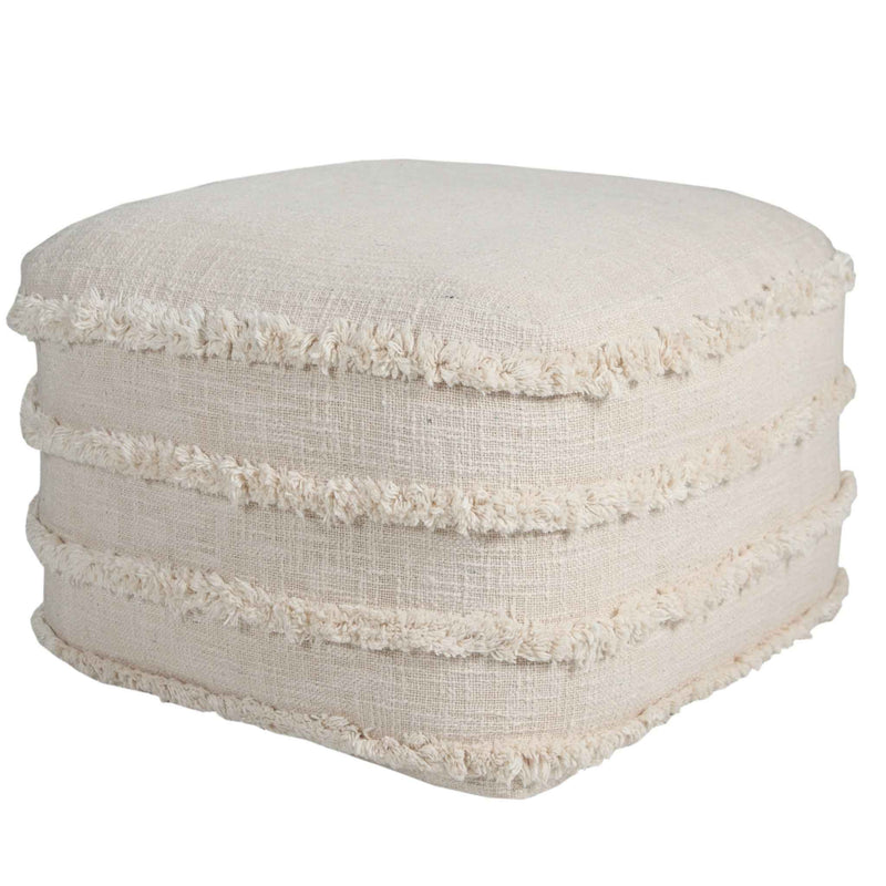 18" Cream Cotton Tufted Cube Striped Pouf Ottoman