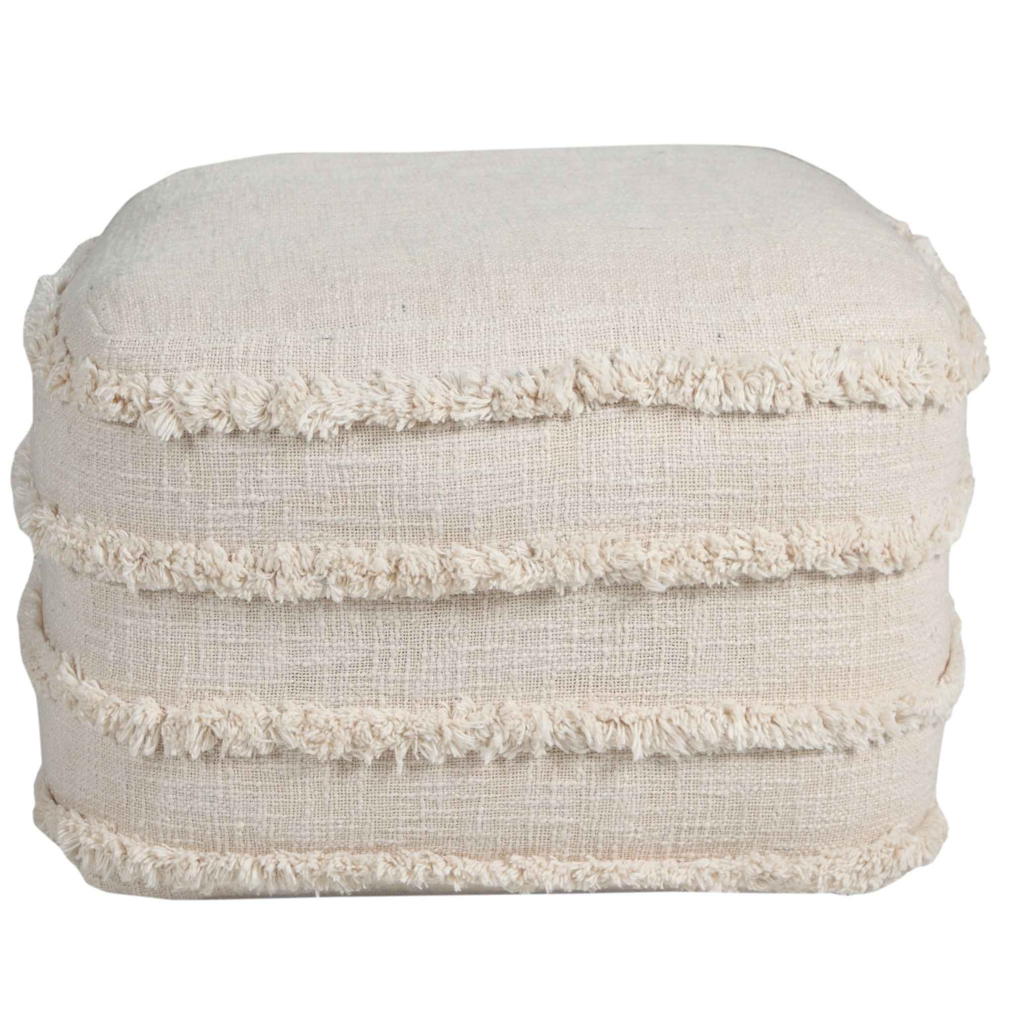 18" Cream Cotton Tufted Cube Striped Pouf Ottoman