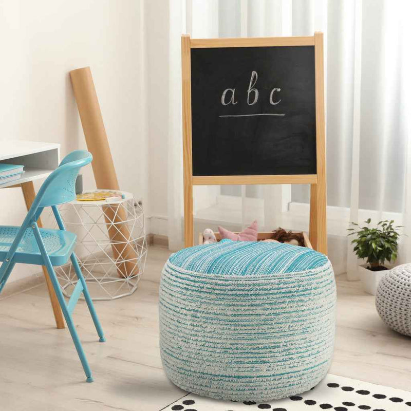 18" Blue Fabric Cylinder Striped Pouf Ottoman