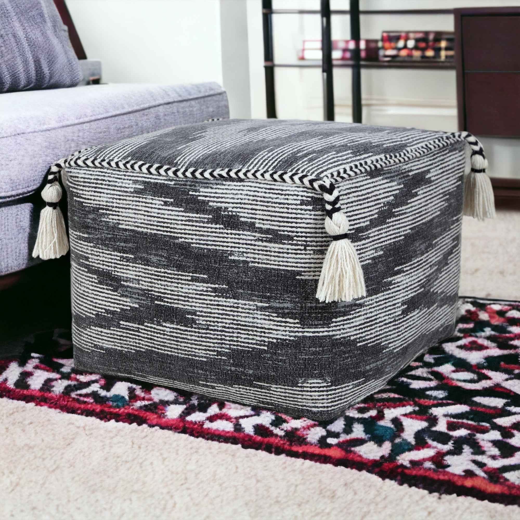 18" Gray Cotton Striped Pouf Ottoman