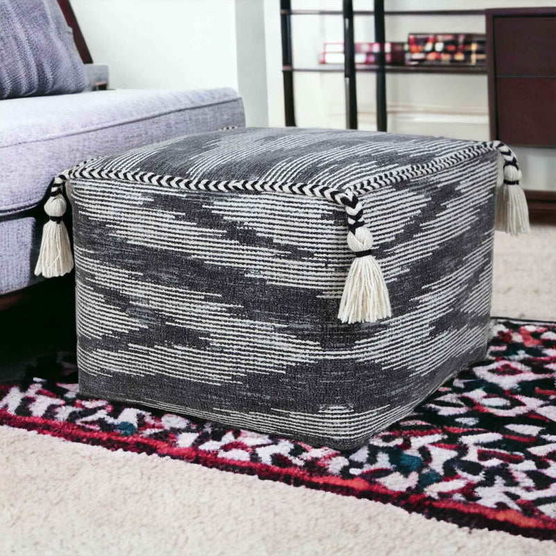 18" Gray Cotton Striped Pouf Ottoman