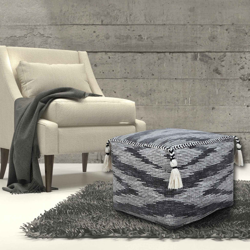 18" Gray Cotton Striped Pouf Ottoman