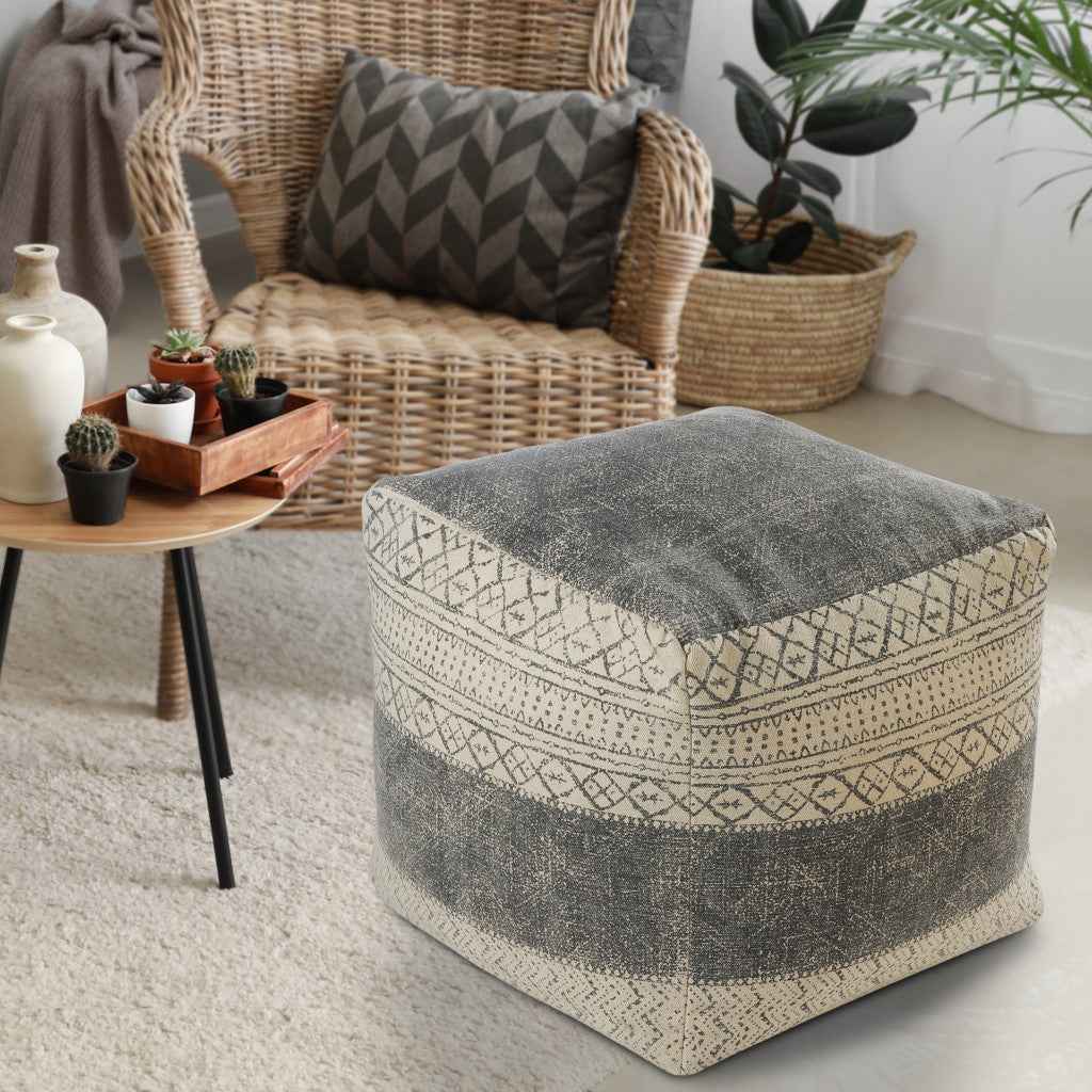 20" Cream Cotton Tribal Pouf Ottoman