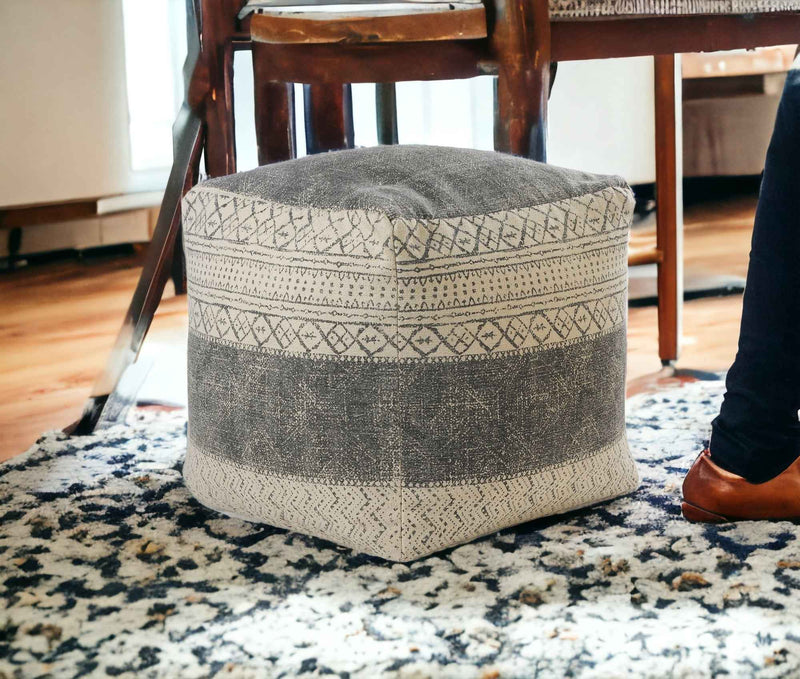 20" Cream Cotton Tribal Pouf Ottoman