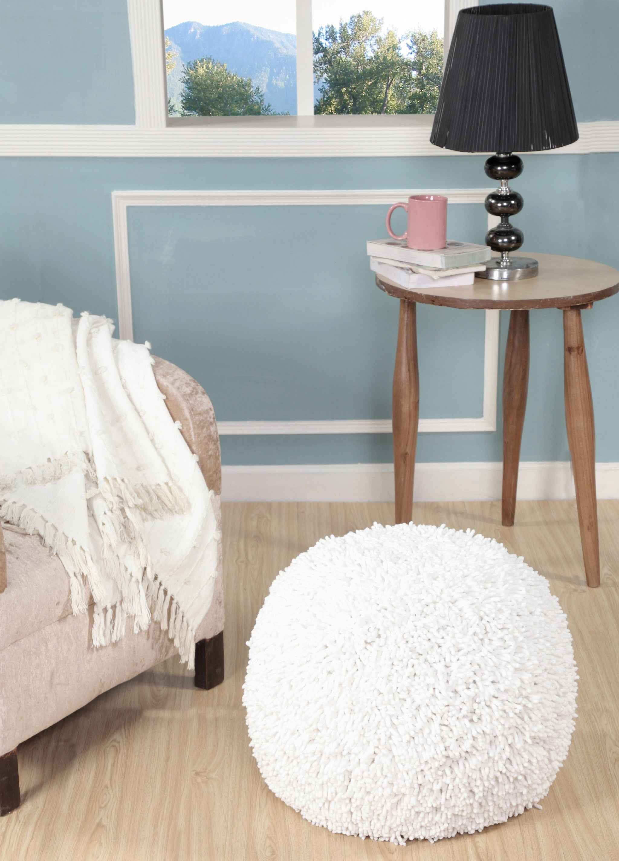 20" Cream Cotton Tufted Round Geometric Pouf Ottoman