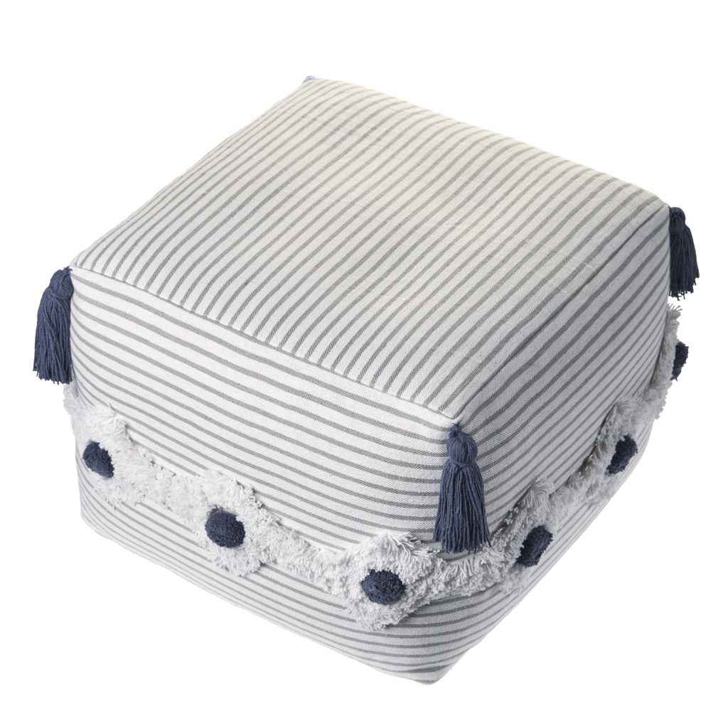 18" Gray Cotton Striped Pouf Ottoman