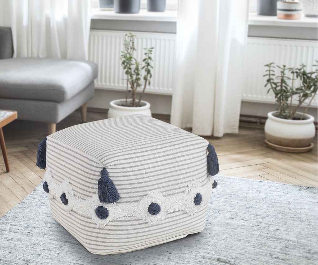 18" Gray Cotton Striped Pouf Ottoman