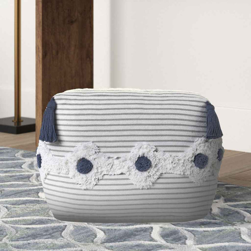 18" Gray Cotton Striped Pouf Ottoman