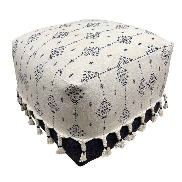 18" Natural And Navy Blue Cotton Medallion Pouf Ottoman