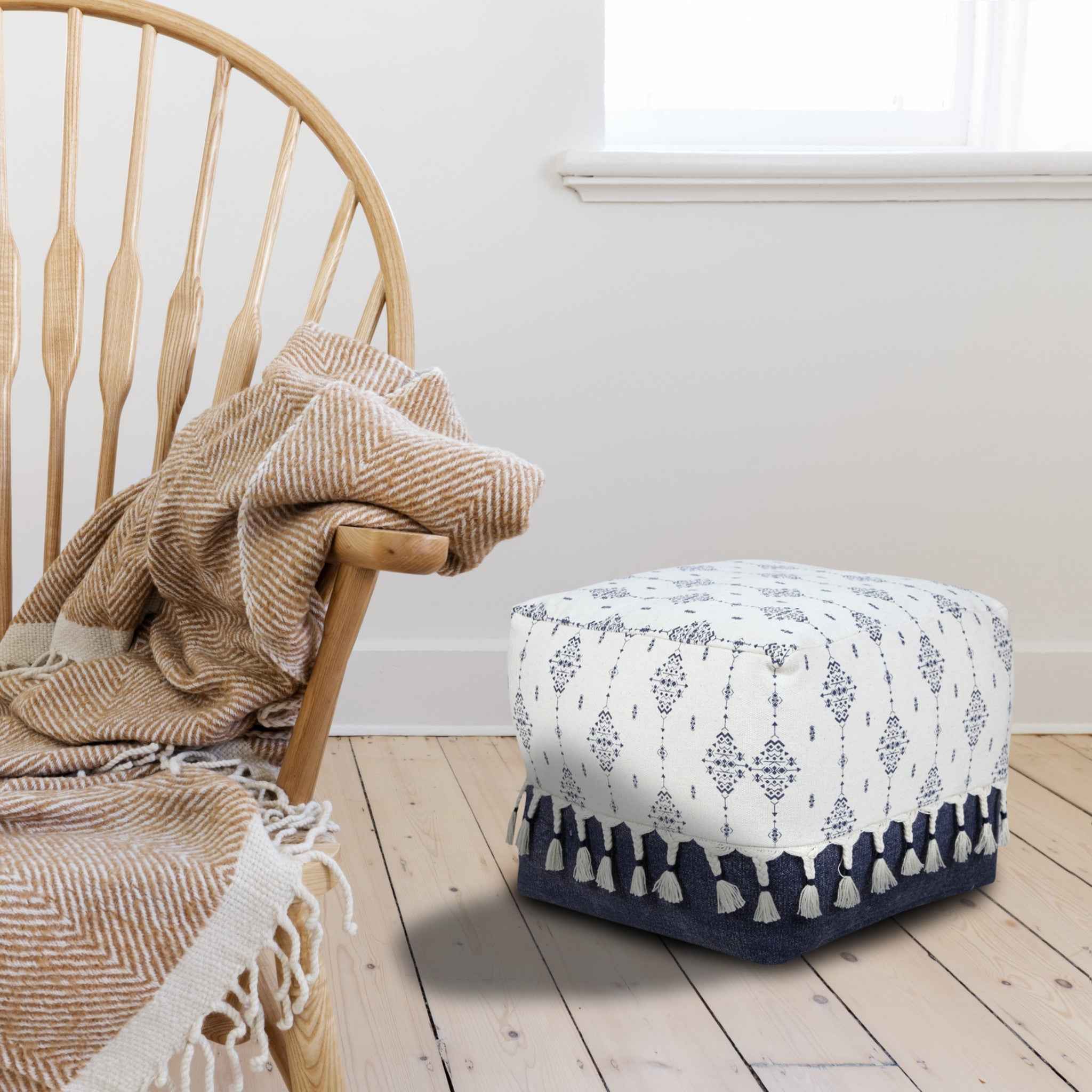18" Natural And Navy Blue Cotton Medallion Pouf Ottoman